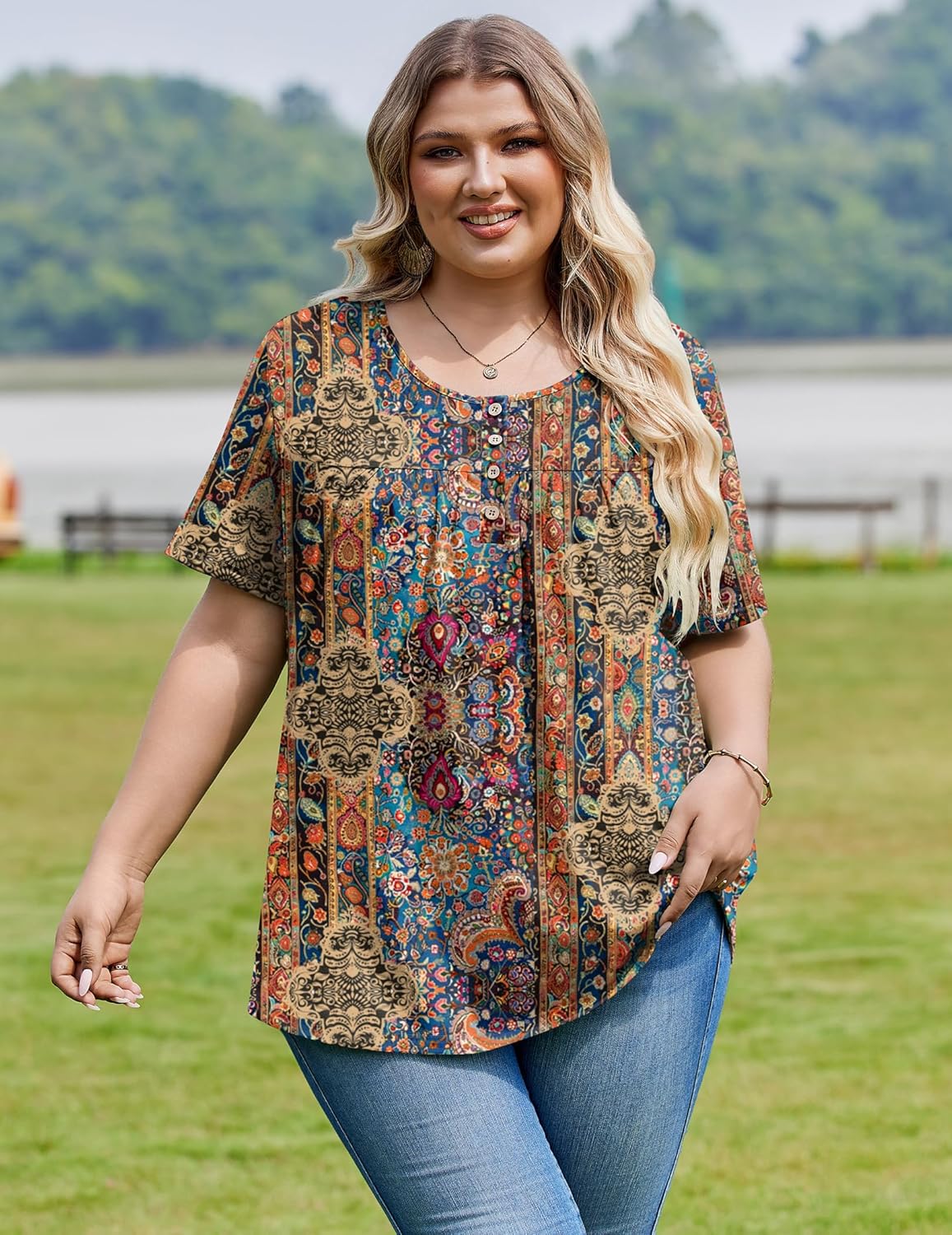 IN'VOLAND Plus Size Tops for Women Short Sleeve Shirts Dressy Casual Tunics to Wear with Leggings Beach Vacation Clothes - Image 3