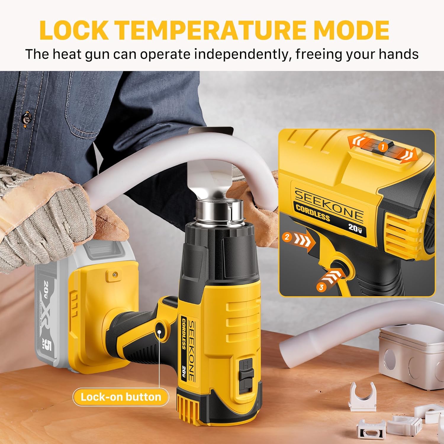 SEEKONE Cordless Heat Gun with 2 Temp Settings 1022℉ and 572℉, Compatible with Dewalt 20V Battery, Fast Heating Hot Air Gun with 3 Nozzles for Shrink Tubing, Vinyl Wrapping, Crafting (No Battery)