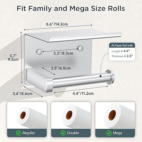 Miniatura 4 de FORIOUS Soporte de papel higiénico con estante, adhesivo o tornillo, soporte para rollo de papel higiénico para baño, soporte de papel higiénico