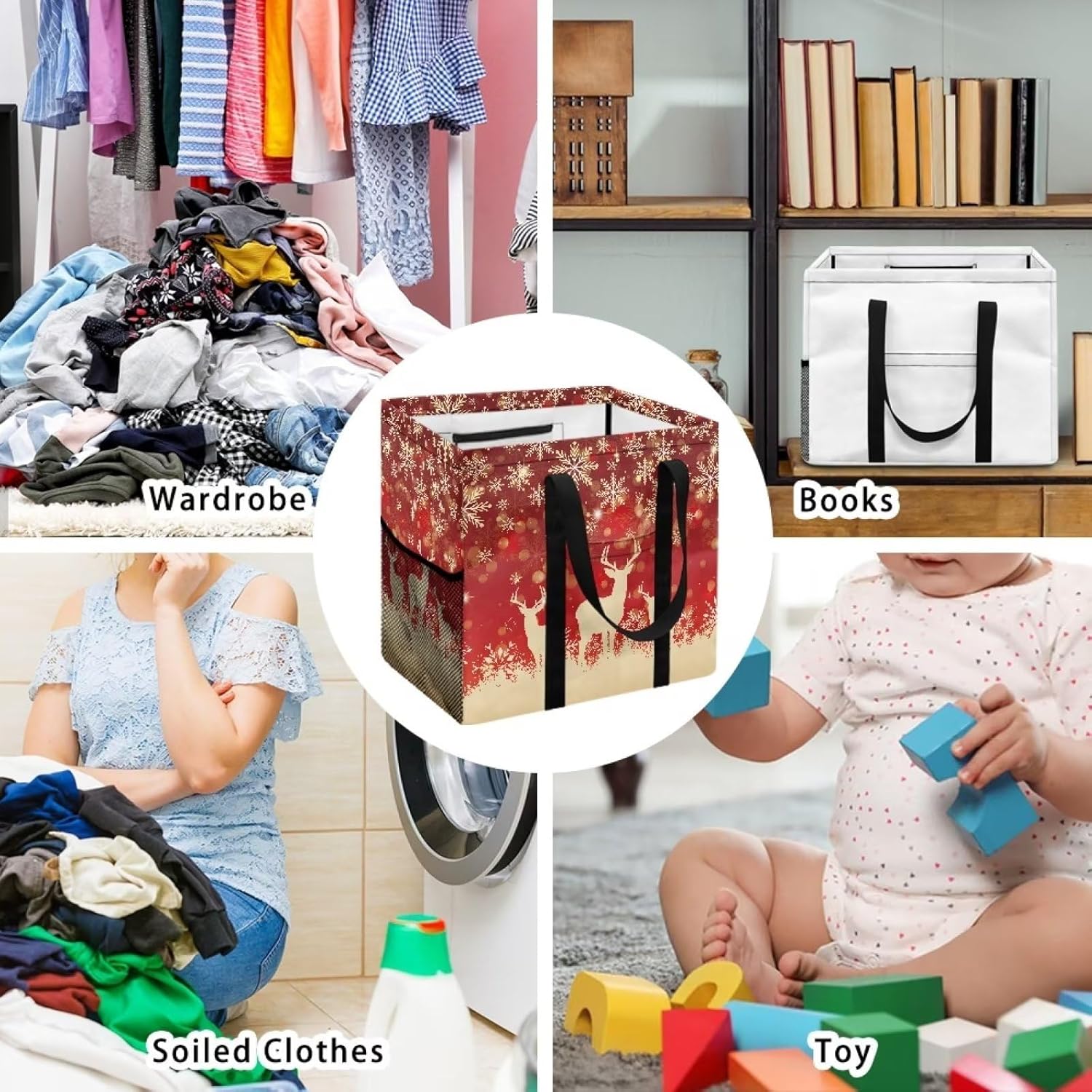 Deer Christmas Large Laundry Hamper with Handle and Pocket Waterproof Dirty Clothes Basket Foldable Durable Laundry Baskets Christmas Decor