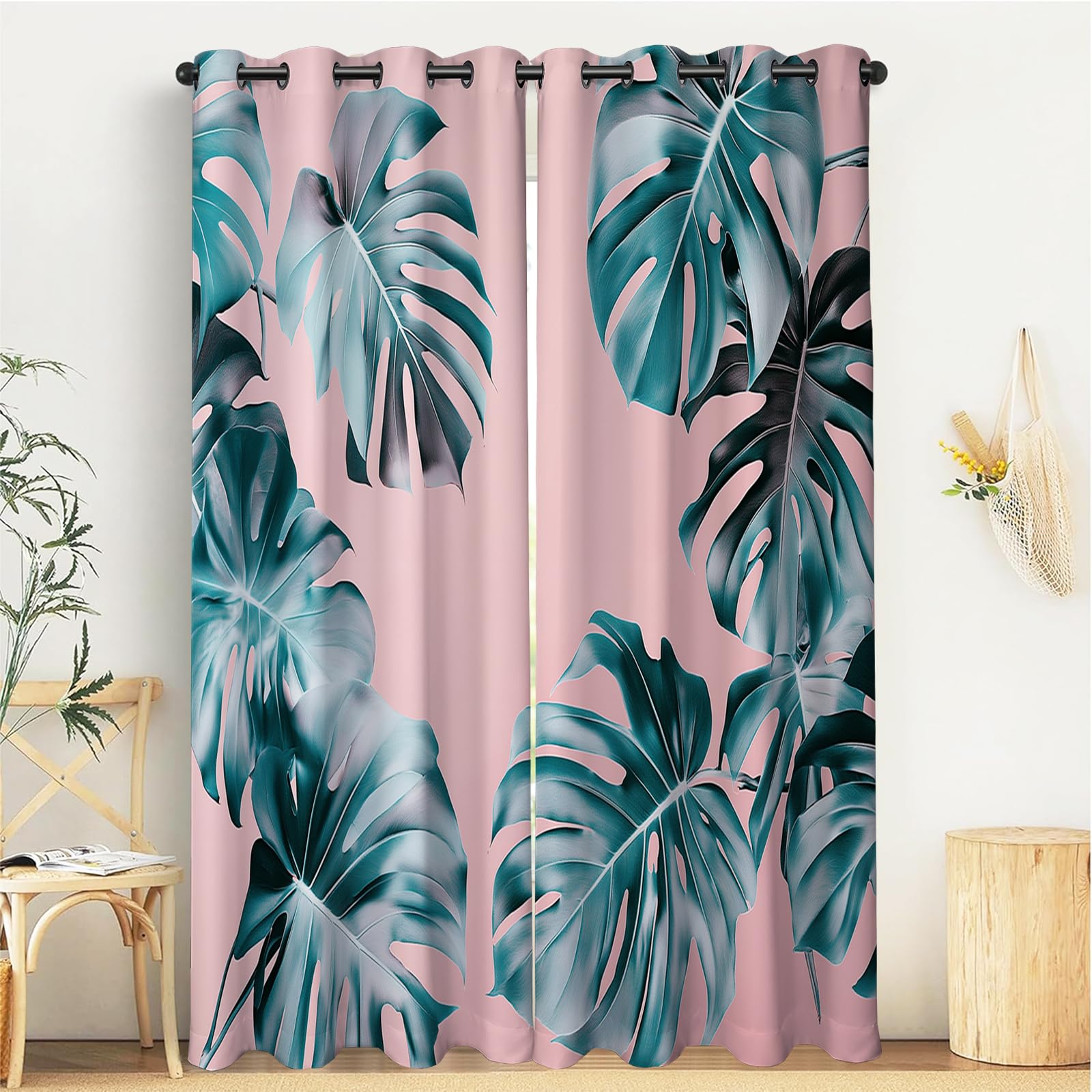 Rideaux occultants motif imprimé 3D turquoise monstera salon 140x220