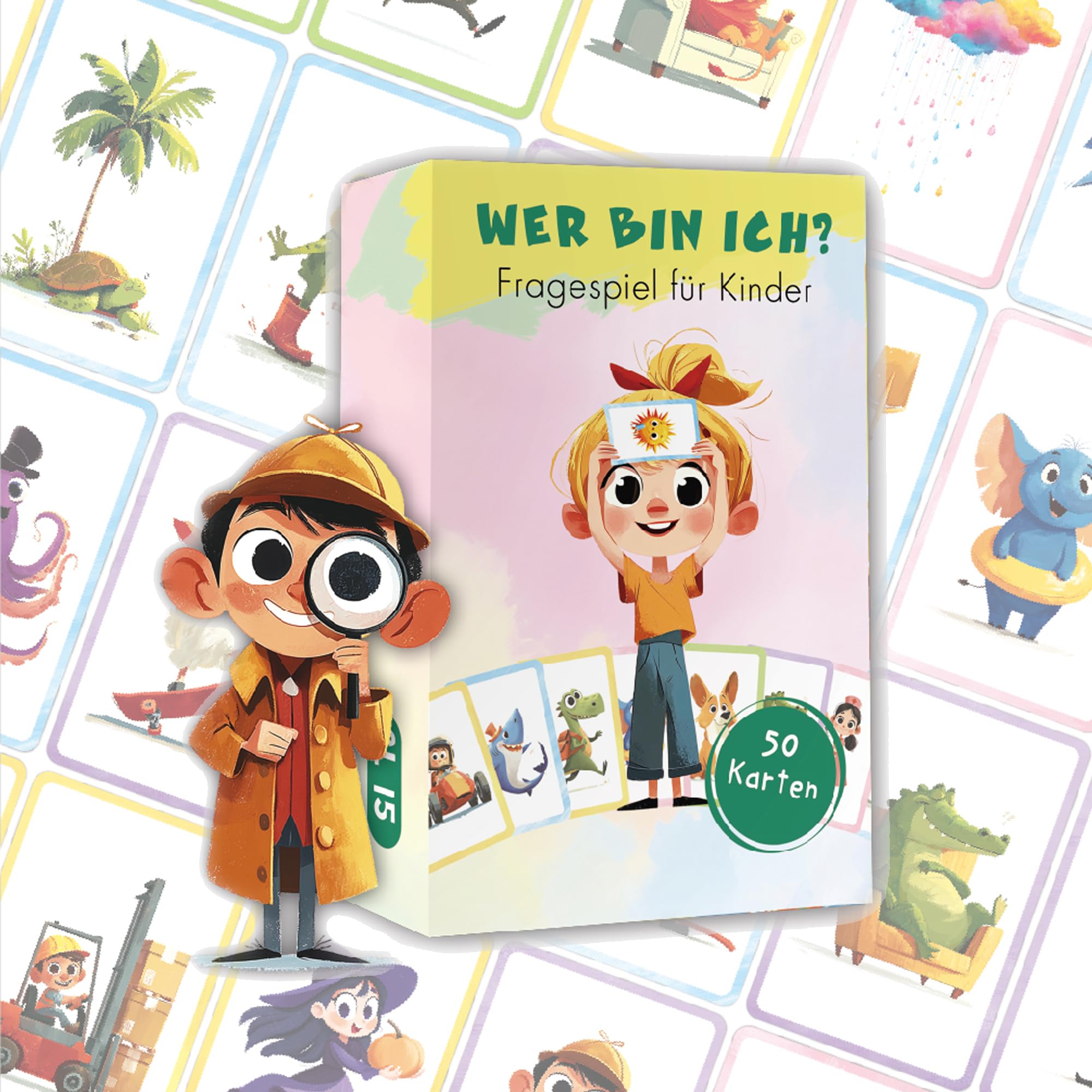 WER BIN ICH? Kinder Lernspiel ab 5 Jahren – Lustiges Fragespiel mit 50 Bildkarten | Fördert Sprache, Fantasie & Aufmerksamkeit | Pädagogisch wertvolles Familienspiel für Kita & Schule (2–6 Spieler)