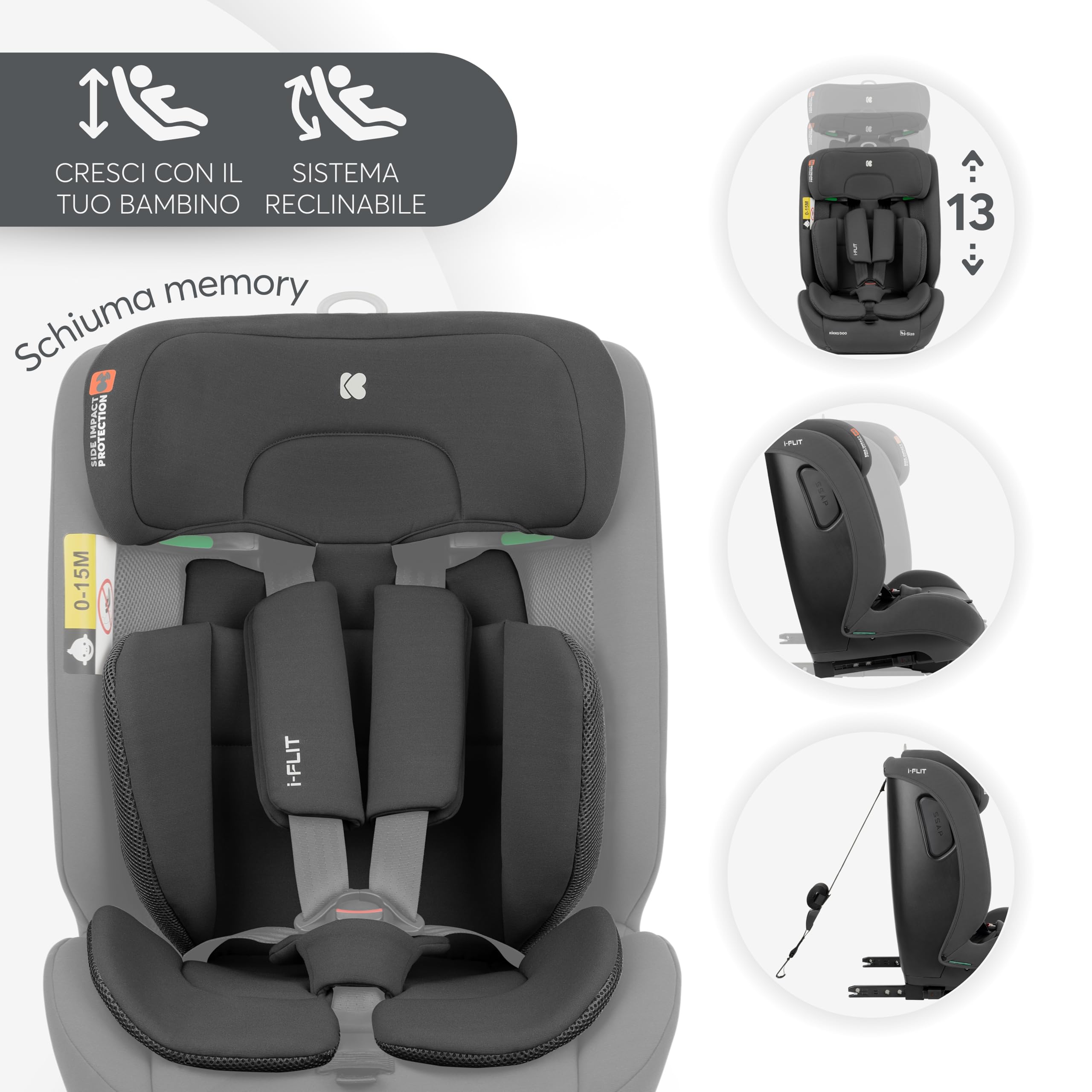 KikkaBoo i-Size i-FLIT, Seggiolino Auto 9-36 kg ISOFIX – Gruppo 1/2/3, Reclinabile, da 15 mesi a 12 anni, Protezione SPS, Top Tether, Poggiatesta Regolabile, Grigio scuro