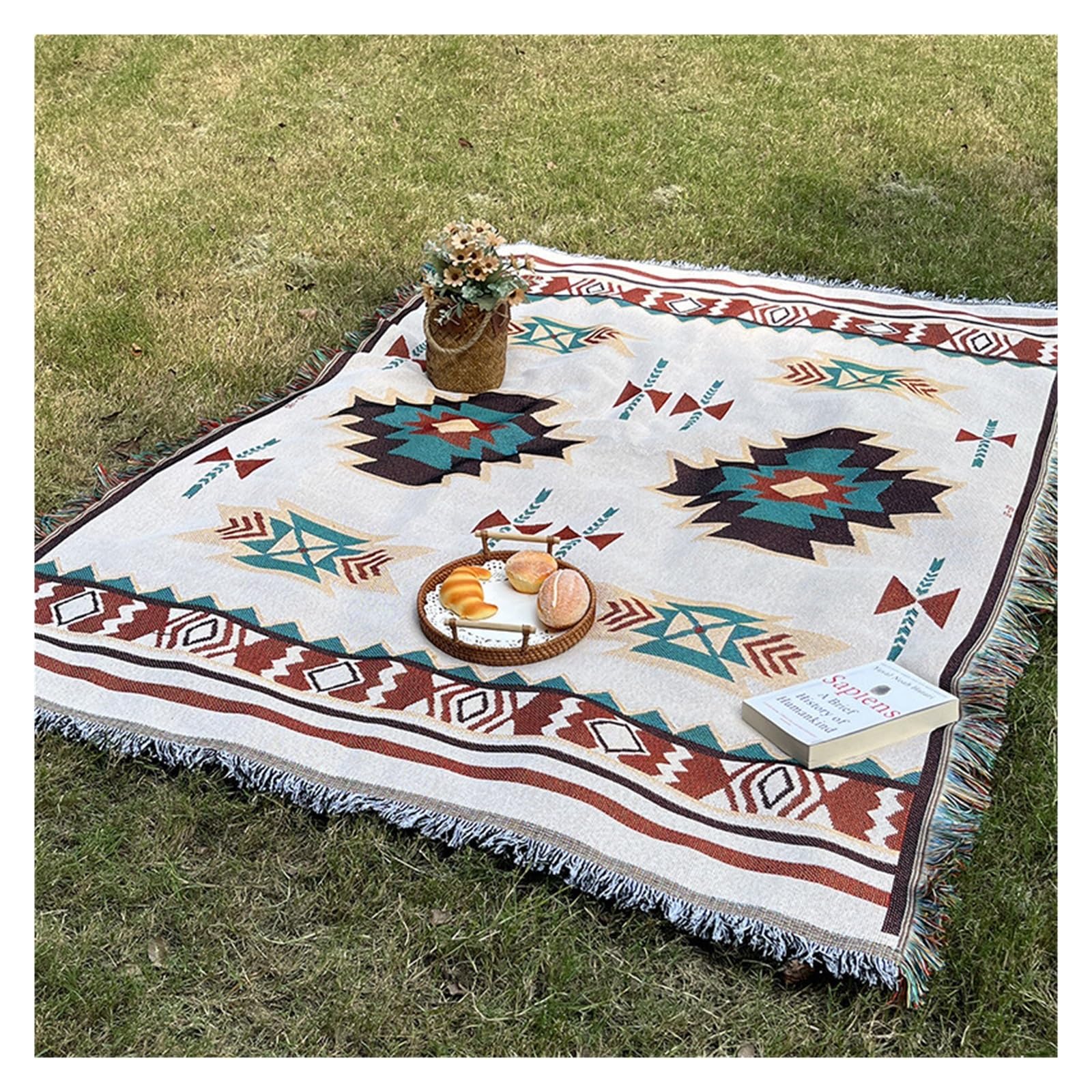 Couverture de pique-nique et tapis de camping d'extérieur bohème en tissu en lin