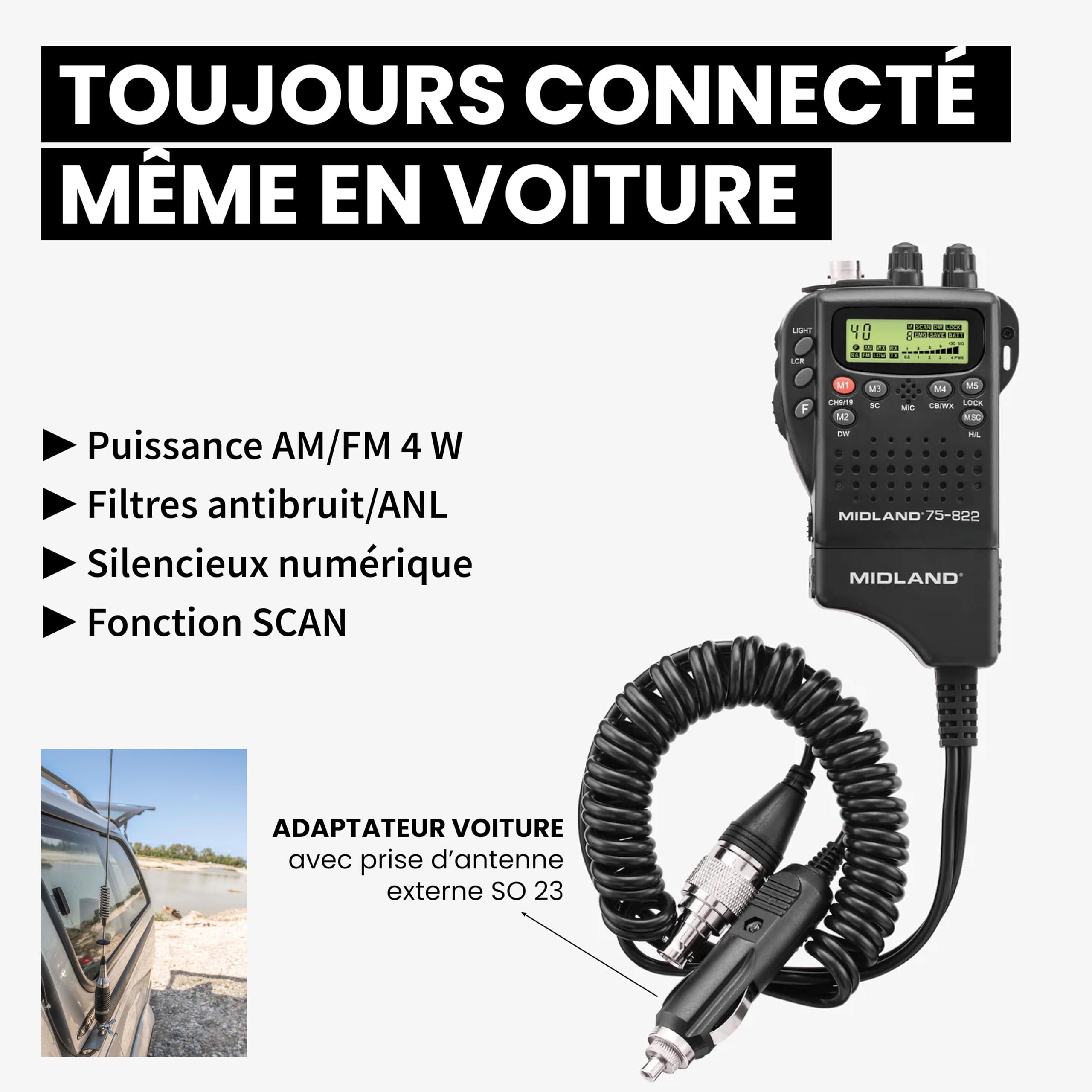 Midland - Radio CB Alan 42 DS Lithium, Radio Récepteur Émetteur Professionnel Portable AM/FM avec Batterie Li-ION 2800mAh pour Durée de Vie Doublée Multibande, Squelch Numérique et Charge USB C