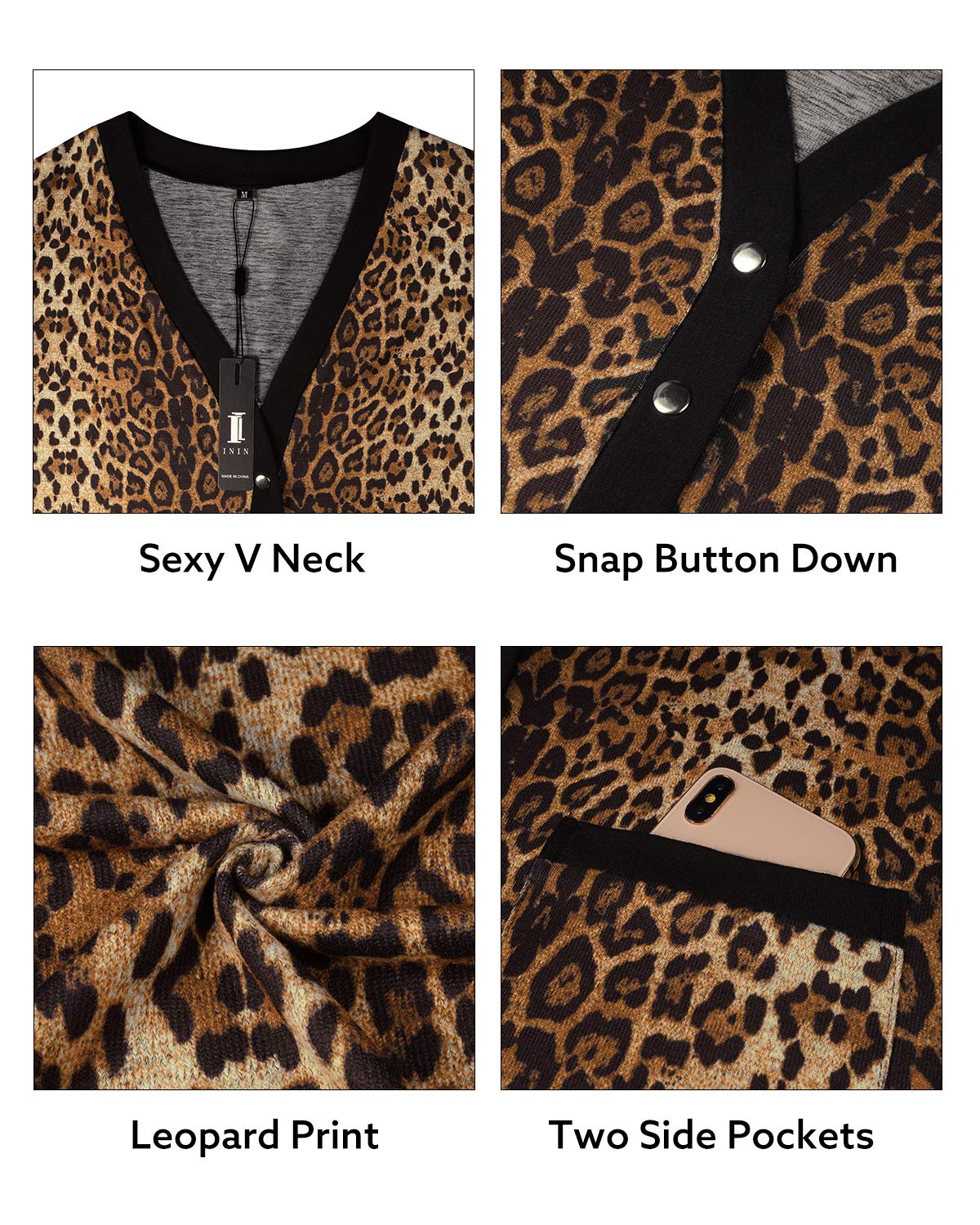 II ININ Cardigan da Donna con Scollo a V Lavorato a Maglia a Maniche Lunghe con Bottoni leopardati e Tasche
