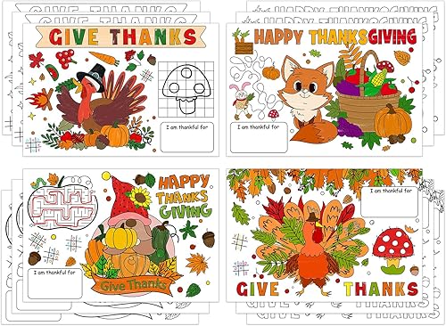 FaCraft Colorea tu propio mantel individual de Acción de Gracias para niños, 12 hojas desechables de otoño, Acción de Gracias, manteles individuales