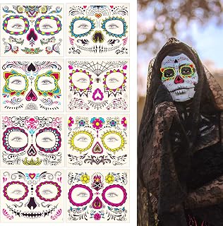 Halloween Face Tattoos, 8 Sheets Glow in the Dark Face Stickers Halloween Temporary Face Tattoos Day of the Dead Face Stickers for Masquerade, Costume Makeup Cosplay Party Supplies