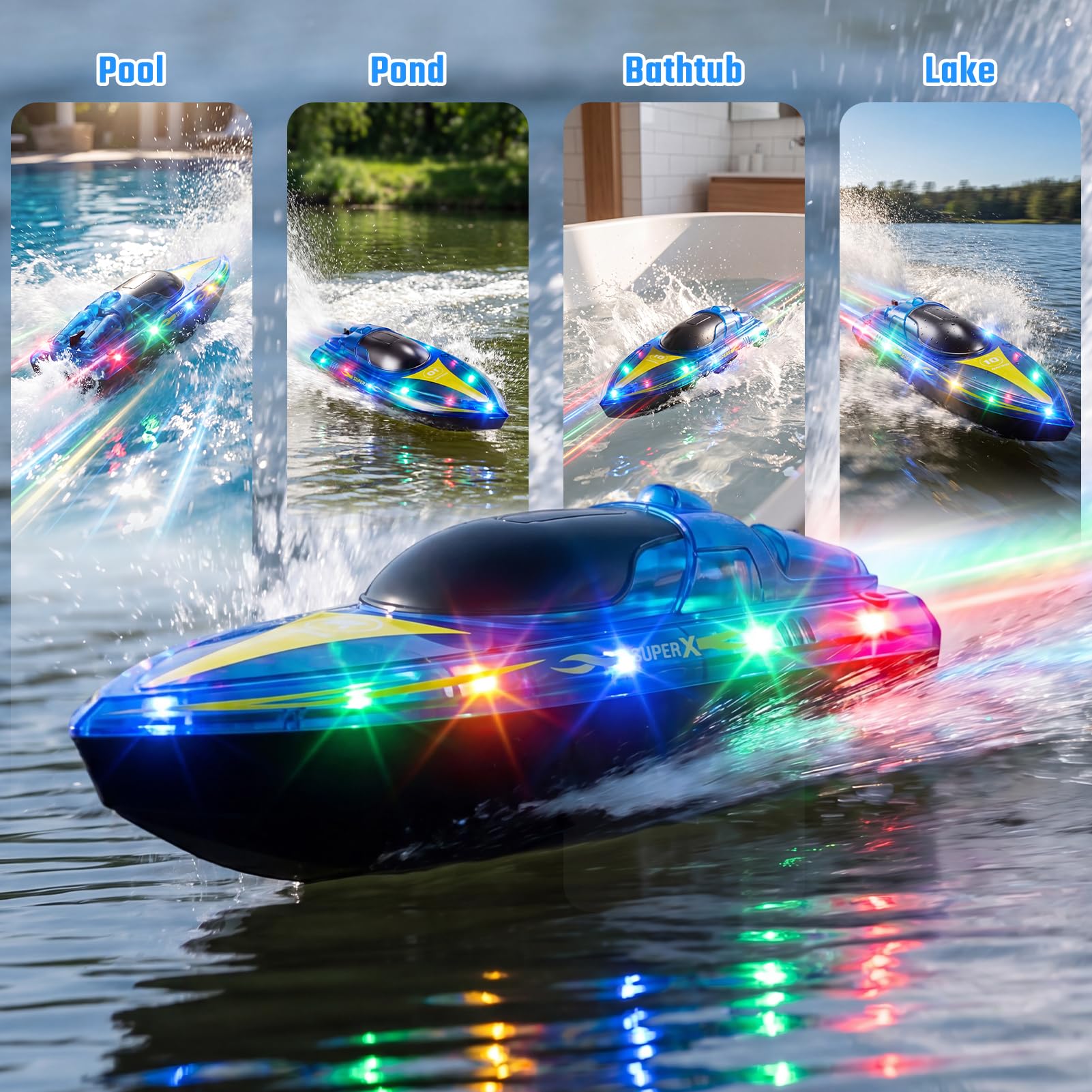 Barco Teledirigido, 2.4GHz Lancha Teledirigida con Luces LED, 2 Baterías, 90+ Mins, Alerta de batería baja, 15KM/H Barco RC para Piscinas Lagos, Juguete acuático para Adultos, niños de 14 años arriba