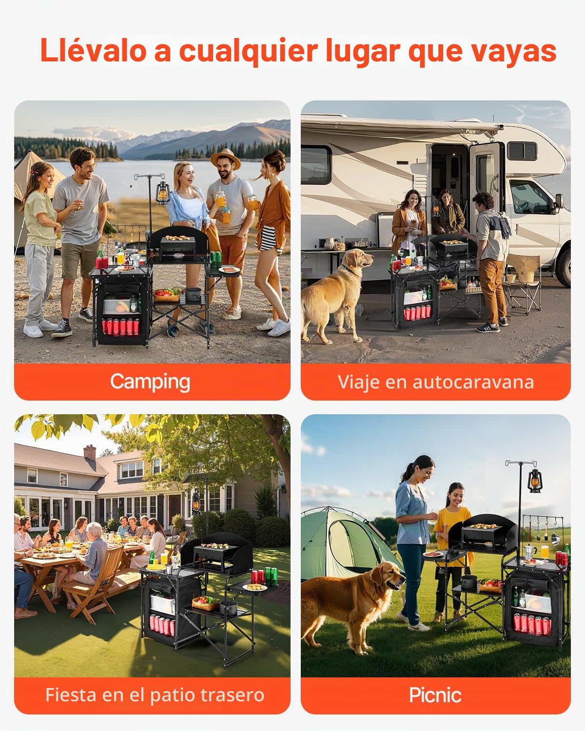 VEVOR Mesa de Cocina para Acampar al Aire Libre, de Aluminio, con Armario de Almacenamiento, Bolsa de Transporte, Parabrisas Desmontable, Apto para Barbacoa, Fiesta, Pícnic, Viajes en RV, Negro