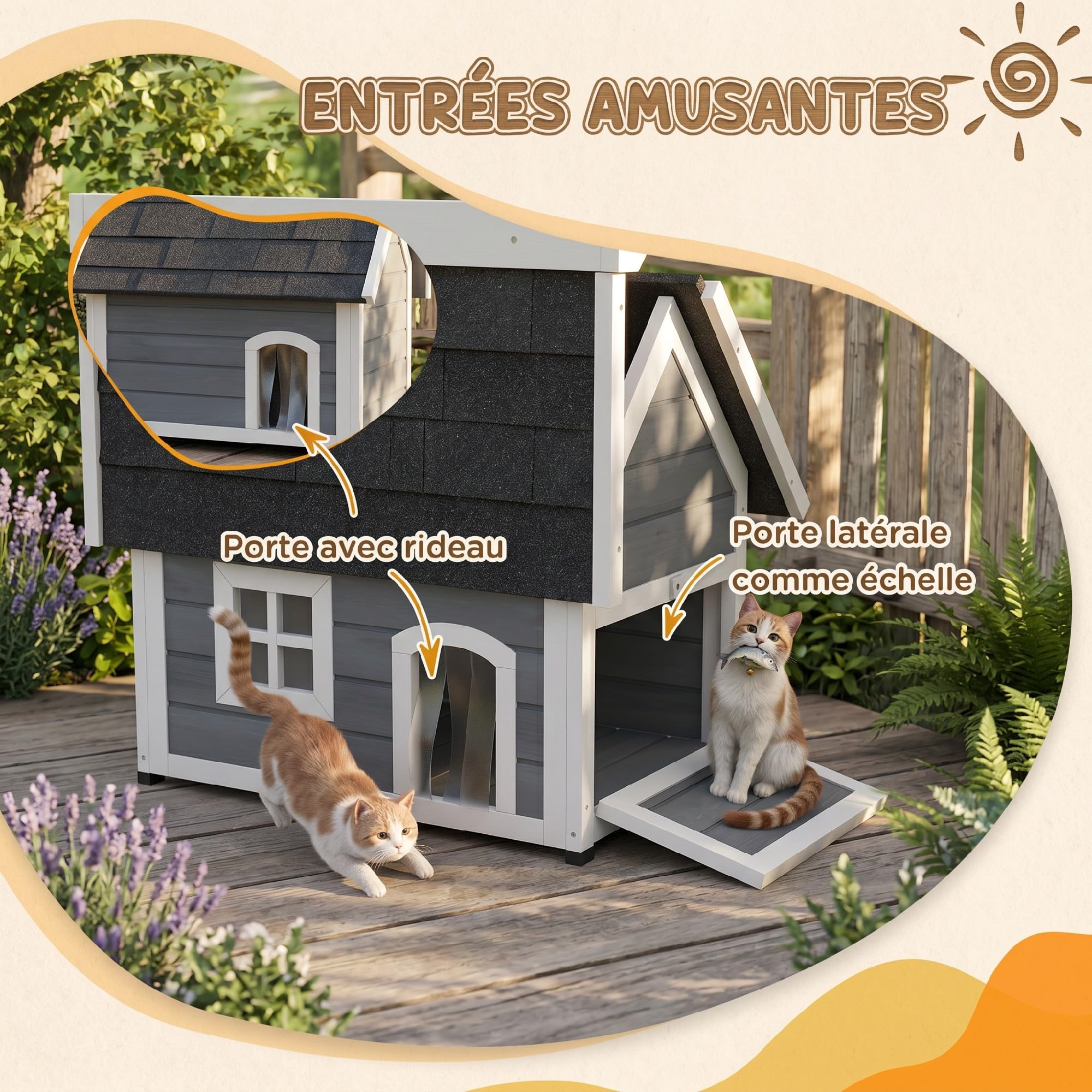 PawHut Maison pour Chat en Bois Porte à Lamelles 77 x 57,5 x 68 cm Gris | Niche pour Chat, Toit Ouvrable Bitumé, 3 Portes, Fenêtre en Plexiglas, Pieds en Plastique, Extérieur