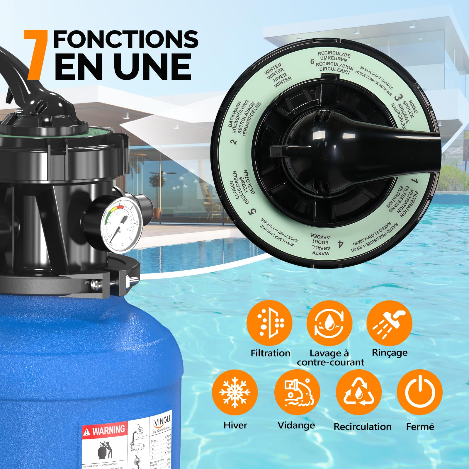 LEADZM Pompe Piscine Filtre à Sable 10 m³/h + 500g Boules de Filtre, Filtre a Sable Piscine avec Vanne 7 Voies, Pour Bassins jusqu’à 37 m³ (Bleu)