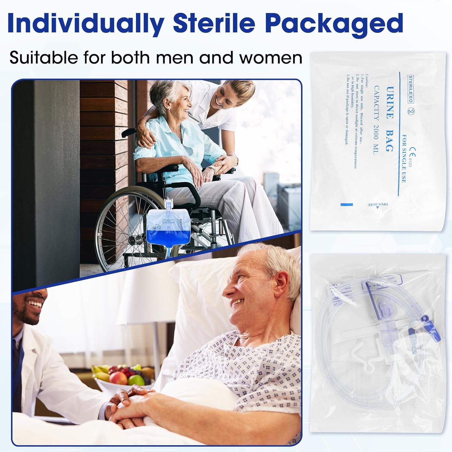 2000mL Catheter Bags for Men and Women 10 Pack Professional Urinary Drainage Bags with Enhanced Anti-Reflux Drip Chamber, 48” Thickened Drainage Tube, Hanging Hook & Adjustable Clips