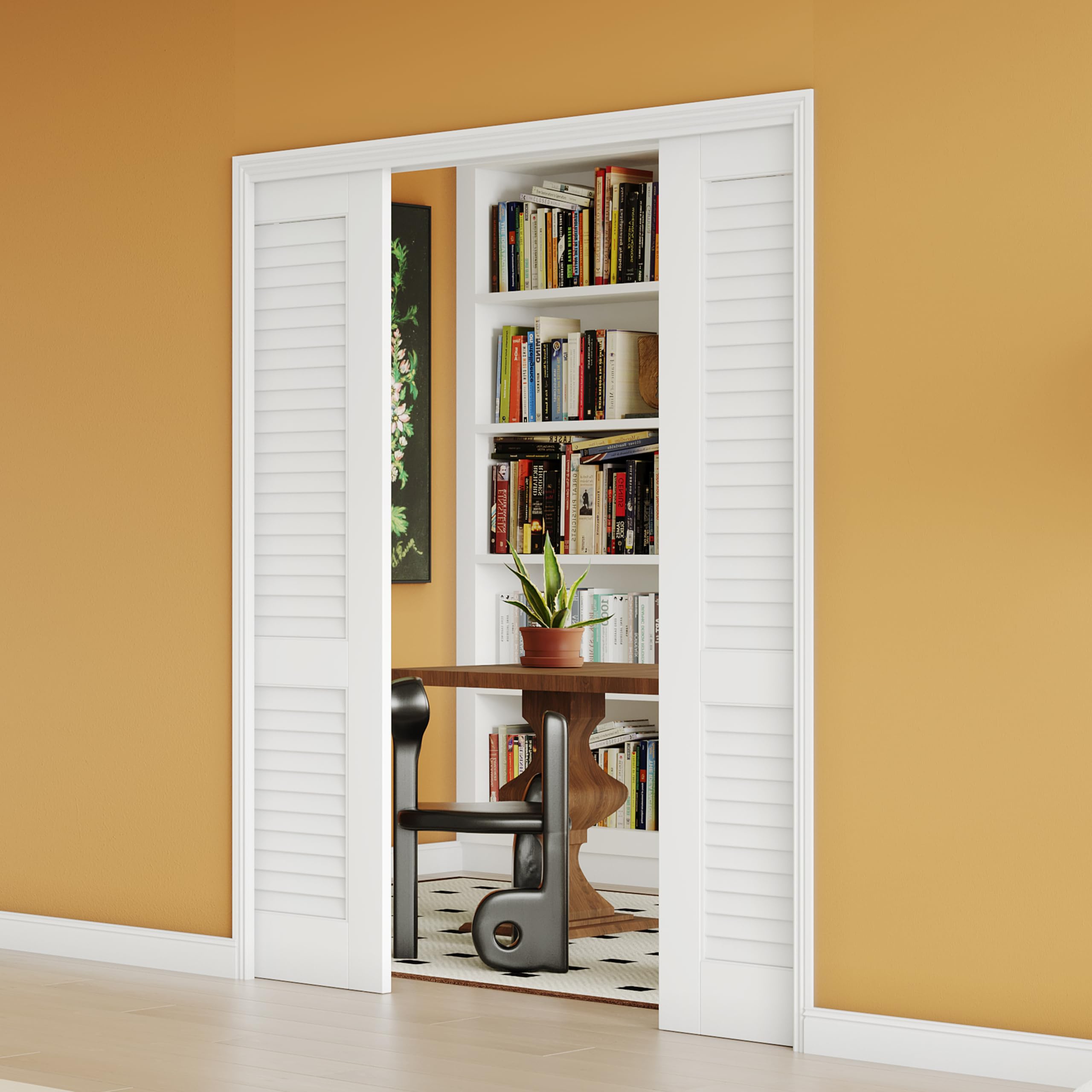 48" x 80" Sliding Pocket Door, Louvered Pantry Doors with Frame and Hardware Kit, Interior Door, White Primer Closet Doors - No Panel Assembly Required