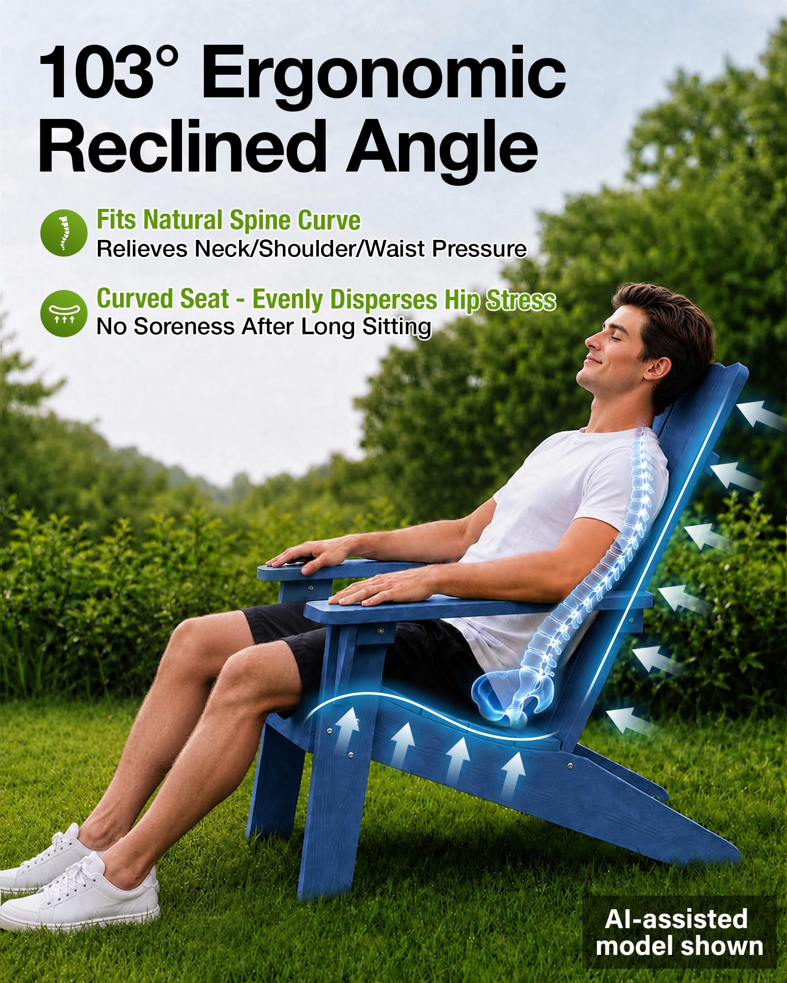 Adirondack Stuhl mit Getränkehalter für Outdoor Garten: Übergröße Adirondack Chair Kunststoff HIPS mit Getränkehalter - Adirondack Gartensessel Wetterfest für Balkon/Terrasse/Feuerstelle/Beach(Navy)