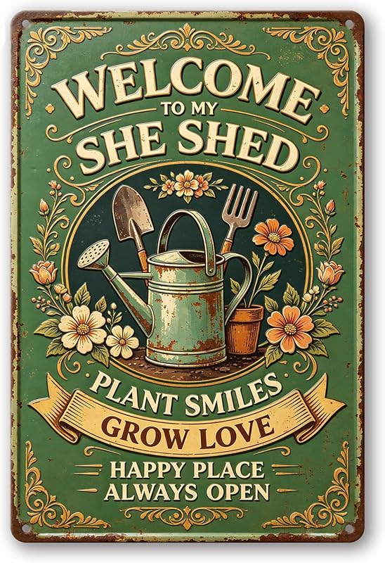 Vintage Garden Metal Signs, Funny Outdoor Wall Decor 8"x12" | Weatherproof Aluminum Sign for Patio Yard Greenhouse, Gift For Gardeners, Welcome to My She Shed