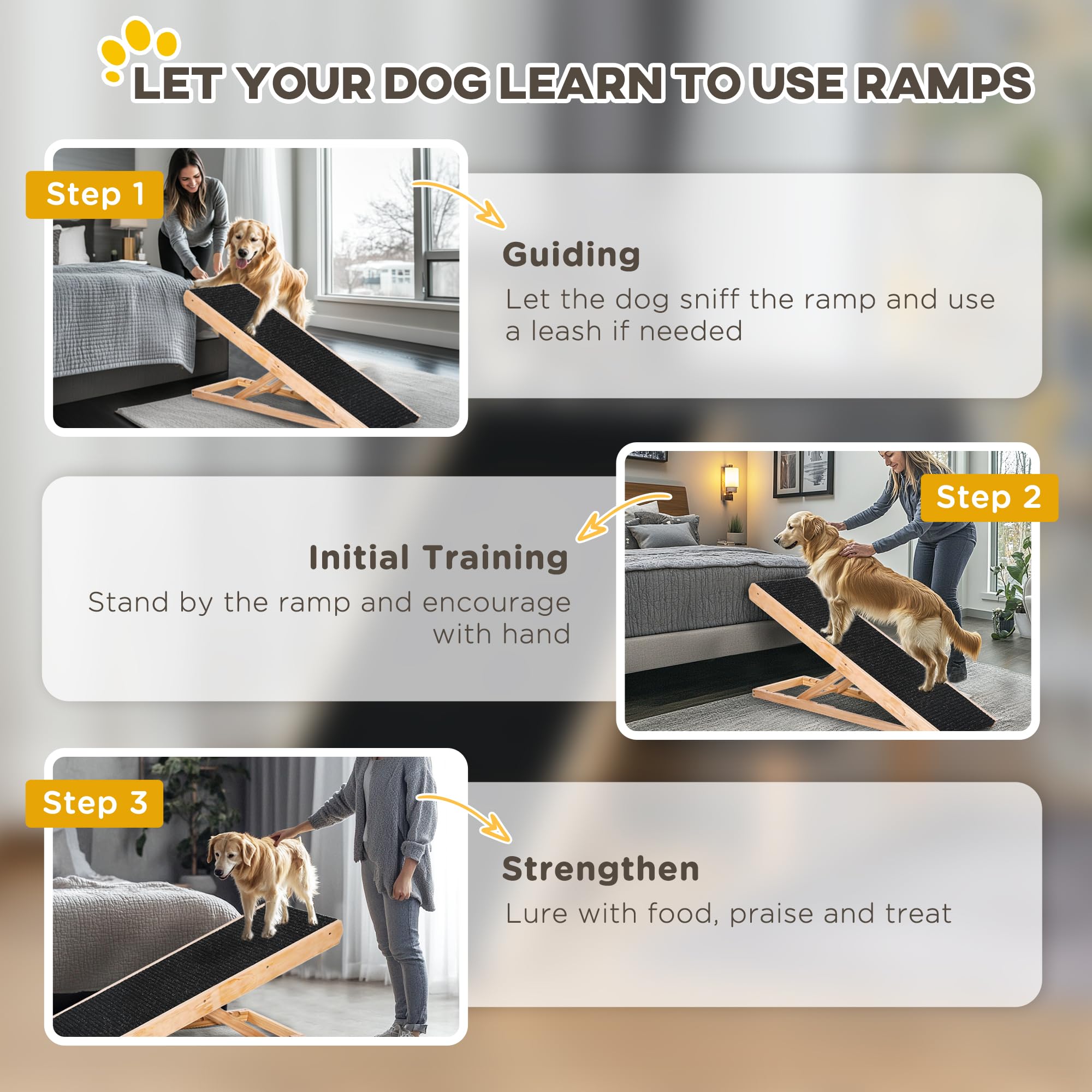 Pawhut Rampe pour animaux de compagnie avec tapis antidérapant - Échelle réglable pour grands chiens - Bois de pin - 90 x 40 x 61 cm