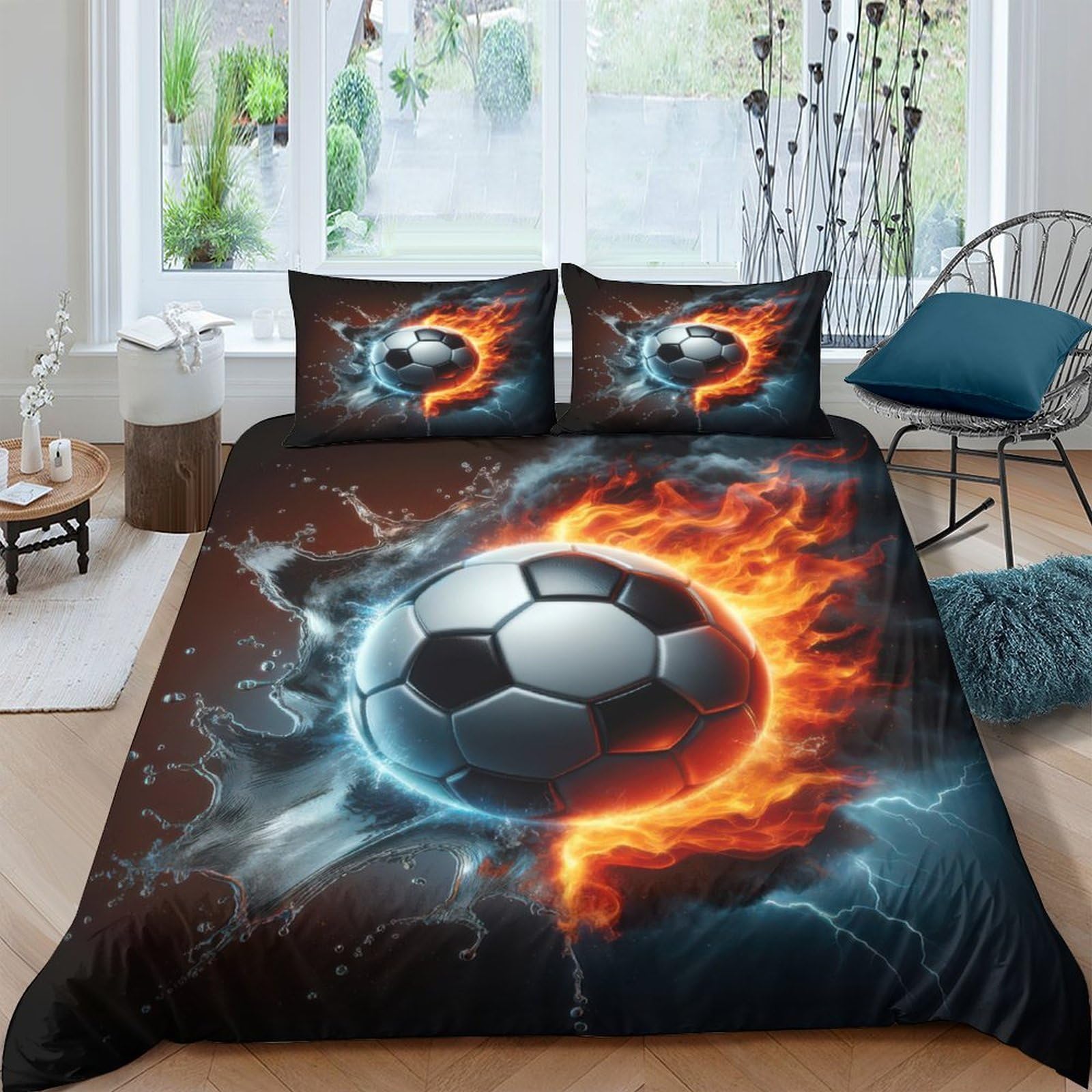 Ctjqhvkz Style-1 3D Printed Fire Soccer Fitted Sheet Microfiber Soft Anti-Slip Water Splash Bed Cover For Bedroom Guestroom Mattress Decor Single（135X200cm）