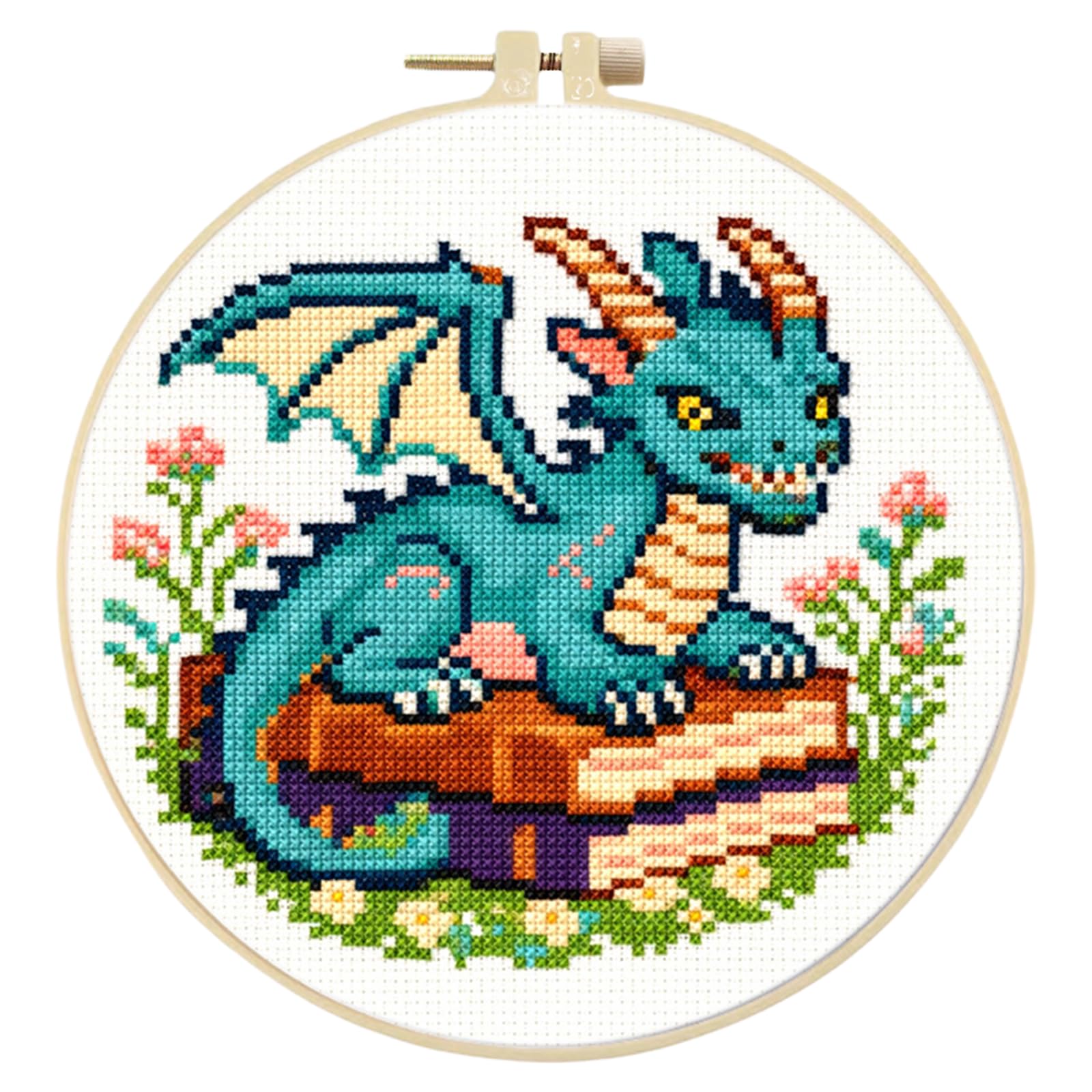 Poetrydraw Dragon And Books 11Ct Diy Cross Stitch Kit 24X24cm Embroidery Starter Set With Hoop For Beginners And Home Decor (Dragon & Books)