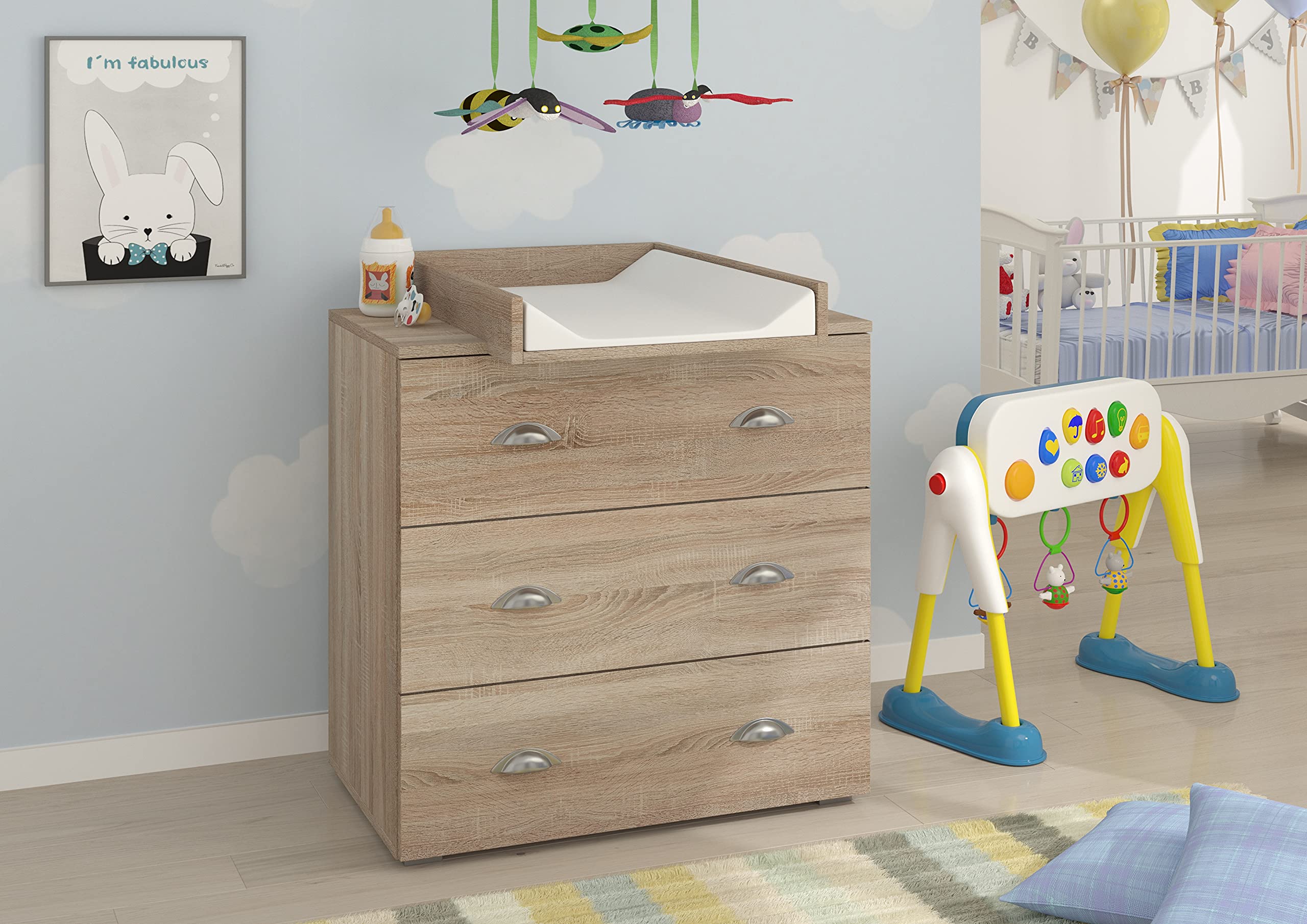 BIM Furniture Commode à Langer Bébé, Table à Langer, Plan à Langer Inclus 3 Grands Tiroirs Rangement pour Chambre de Bébé Chêne Sonoma (L: 80 x H: 90 cm) Mia