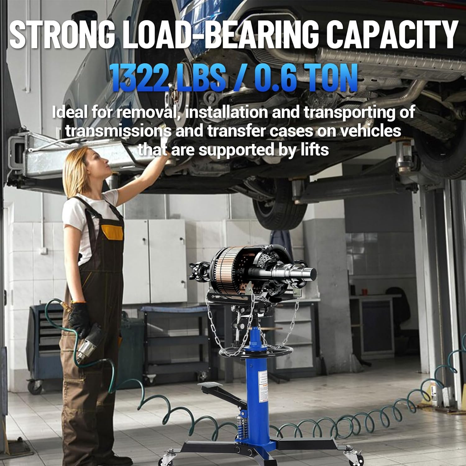 1322-Pound Capacity Dual-Column Hydraulic Jack 33.5“-69” High-Lift Two-Stage Hydraulic Telescopic Jack with 8Mm Anti-Slip Pad, Foot Pedal, and Swivel Casters - Blue