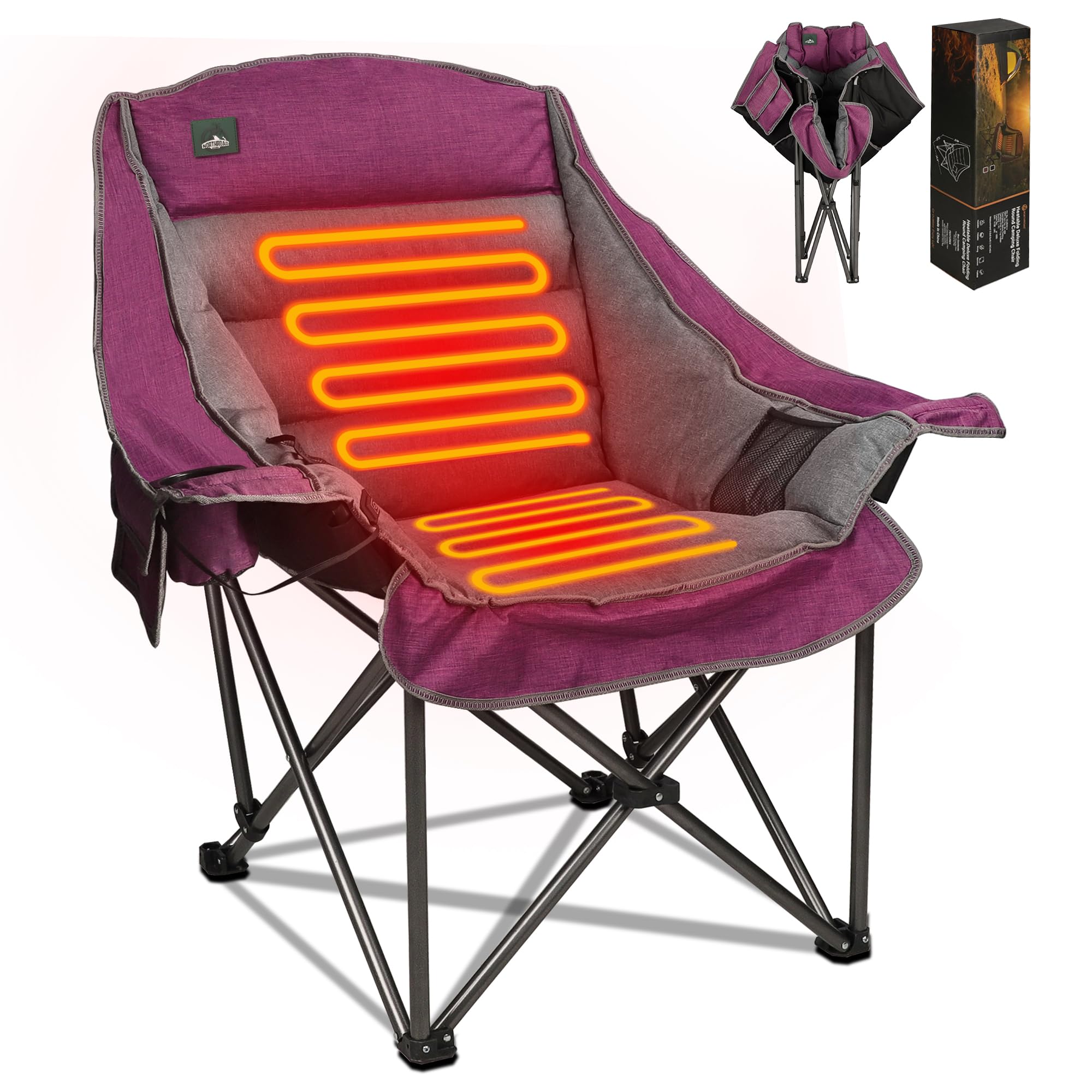 Northroad XL Heated Camping Chair, Oversized Heated Chairs,Portable Folding Heated Lawn Chair W/3 Control Levels for Outdoor Hiking, Picnics, Heavy-Duty 400-lbs Capacity, (Battery NOT Included)