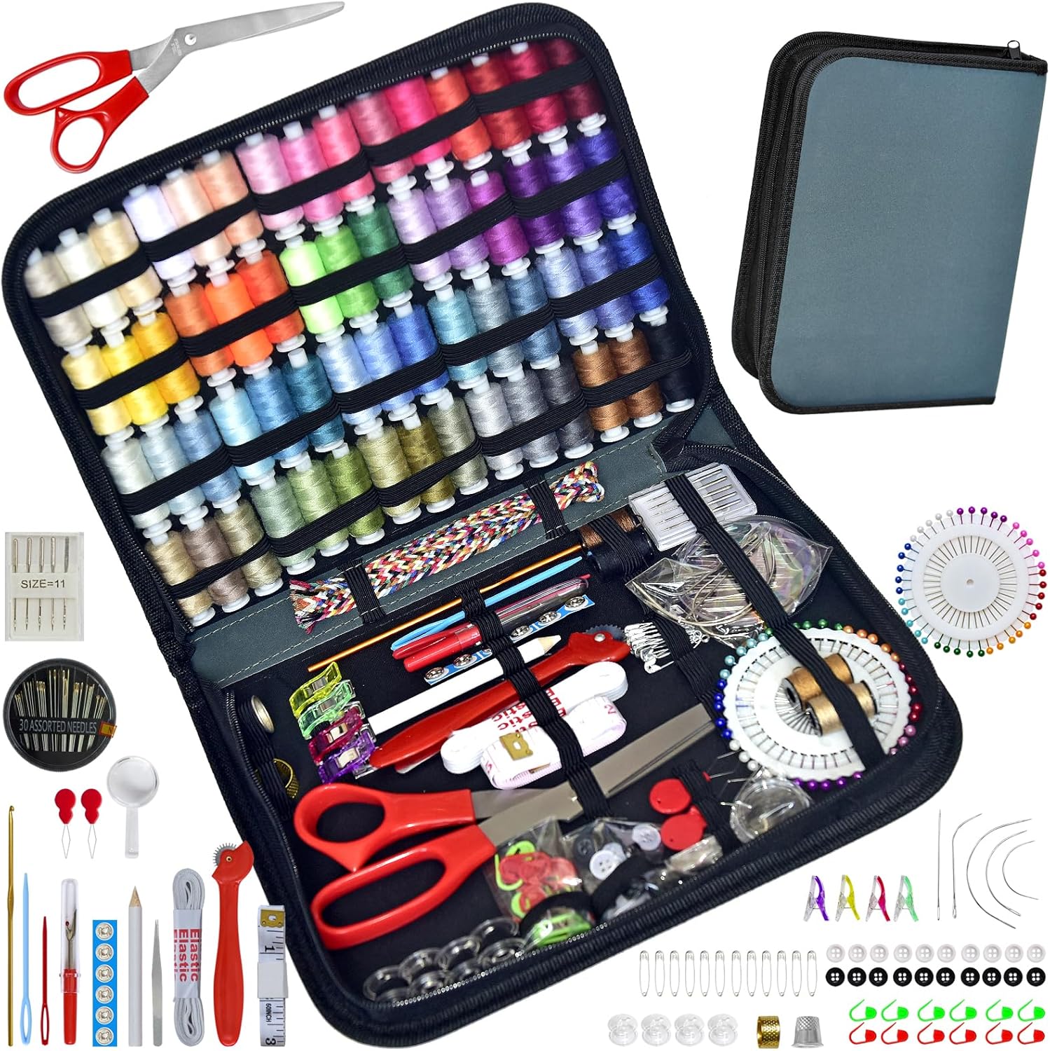Sewing Kit with Case Portable Sewing Supplies for Home Traveler, Adults, Beginner, Emergency, Contains 60 Sewing Thread, Scissors, Needles, Measure etc