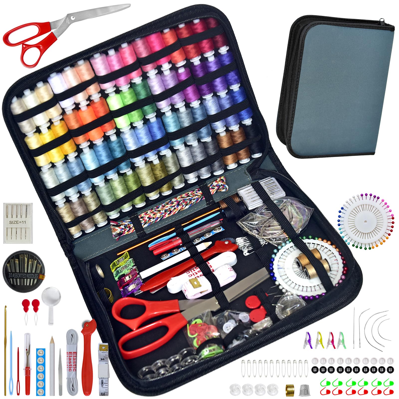 Sewing Kit with Case Portable Sewing Supplies for Home Traveler, Adults, Beginner, Emergency, Contains 60 Sewing Thread, Scissors, Needles, Measure etc（Dark Blue Green，XL)