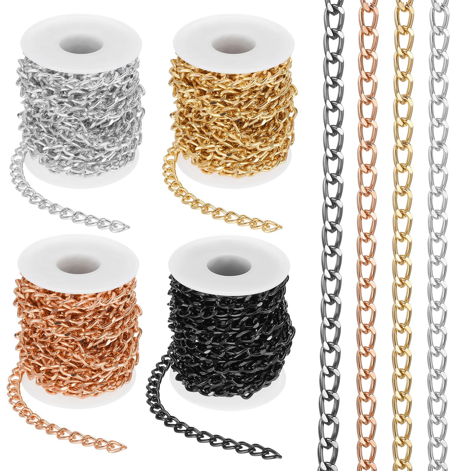 PATIKIL 65.6Ft Aluminium Curb Chains Twisted Links, 4 Rolls 10x7mm Curb Chain Spool Jewelry Making Chains Craft Chain for Necklace Bracelet Earring, Gold/Silver/Rose Gold/Black