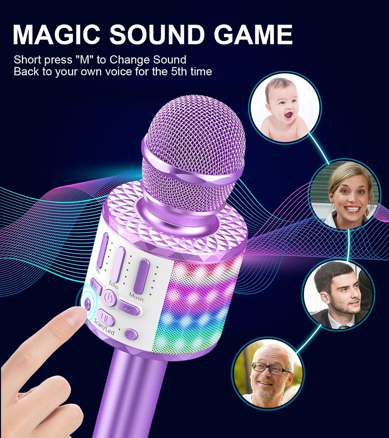 Karaoke Microphone for Kids Adults, Wireless 5 in 1 Handheld Bluetooth Microphone with LED Lights, Portable Smartphone Speaker Boys Girls Singing Toys for Home KTV Outdoor Christmas Birthday Party