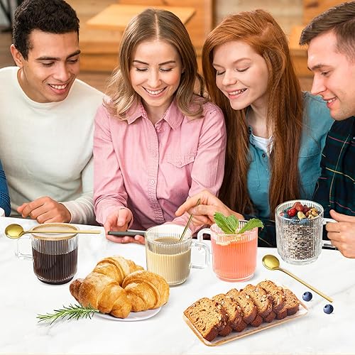 Miniatura 7 de Juego de 2 tazas de café de vidrio con tapas y cucharas de bambú, cristalería acanalada vintage de 12 onzas para café con leche, té, capuchino,