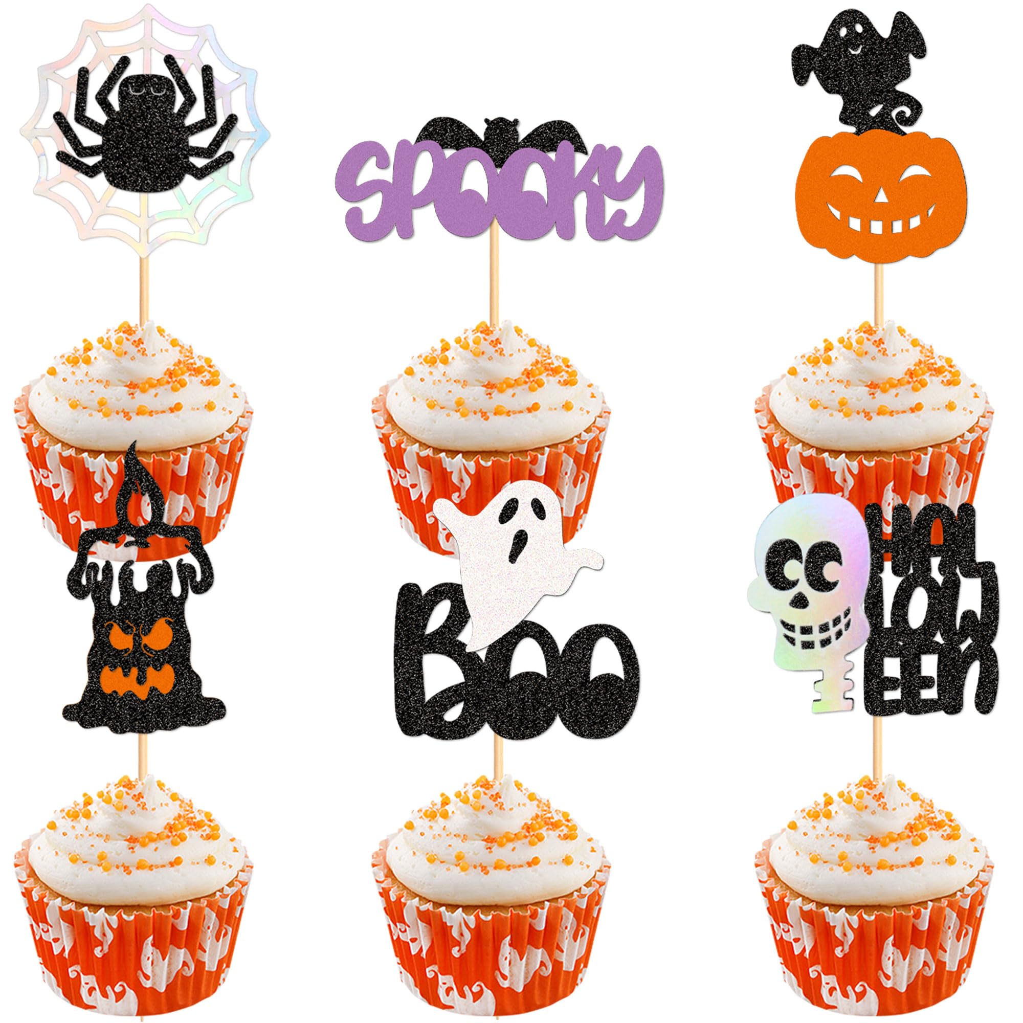 Blumomon 24Pcs Happy Halloween Cupcake Toppers Ghost Cupcake Decoration Picks Halloween Theme Birthday Anniversary Babyshower Party Supplies โ image 1