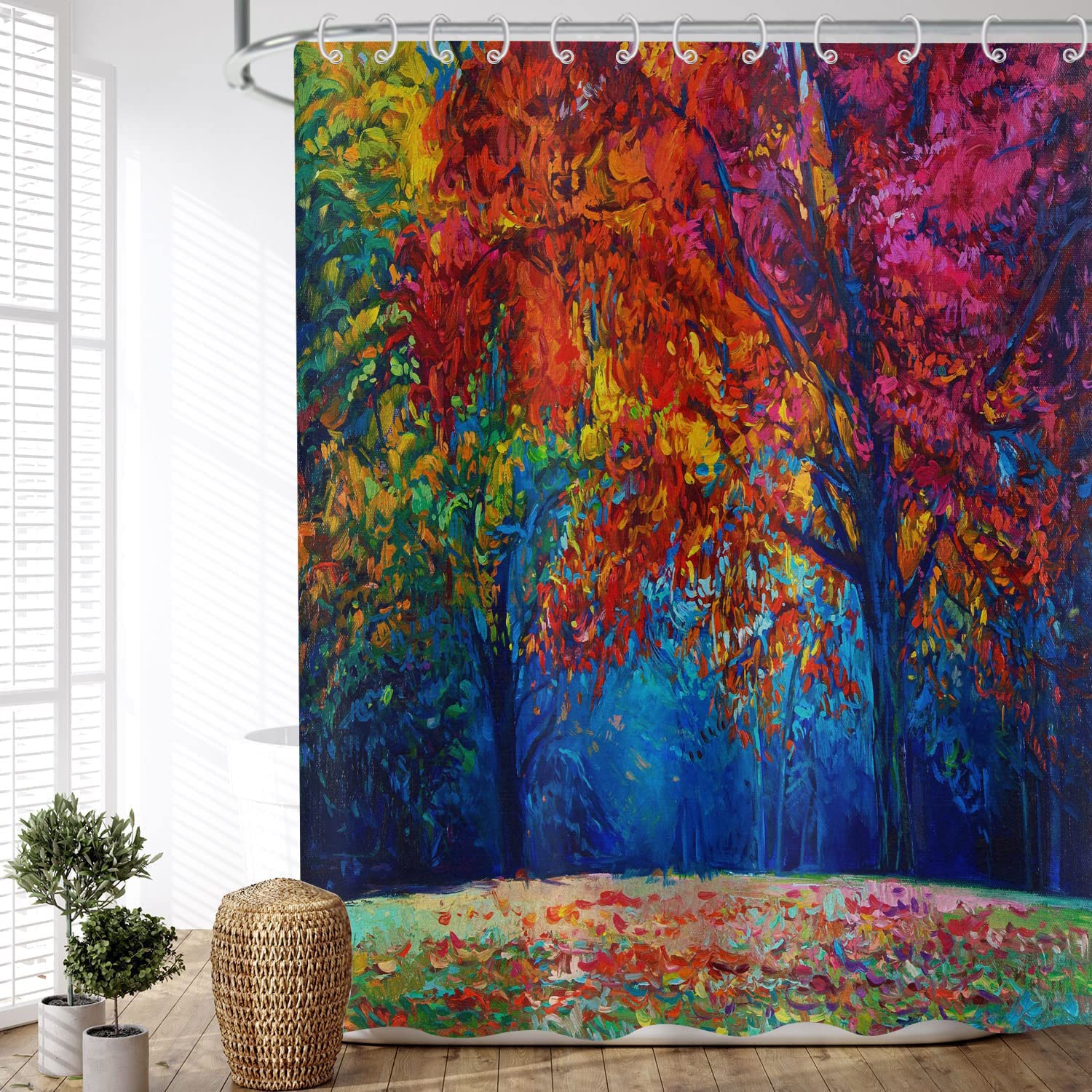 ASDCXZ Shower Curtain Forest 120x180 cm, Modern Art Colorful Oil Painting Forest Woods Waterproof Textile Bath Shower Curtains Washable Polyester Fabric Shower Curtain for Bathtub with 8 Hooks — image 1
