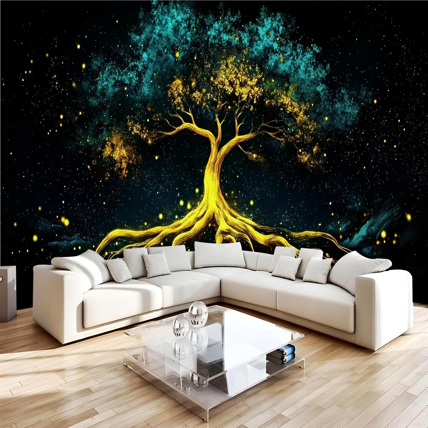 Papier Peint Panoramique 3D Arbre de la Vie 200x140 cm Bleu Décoration Murale Salon