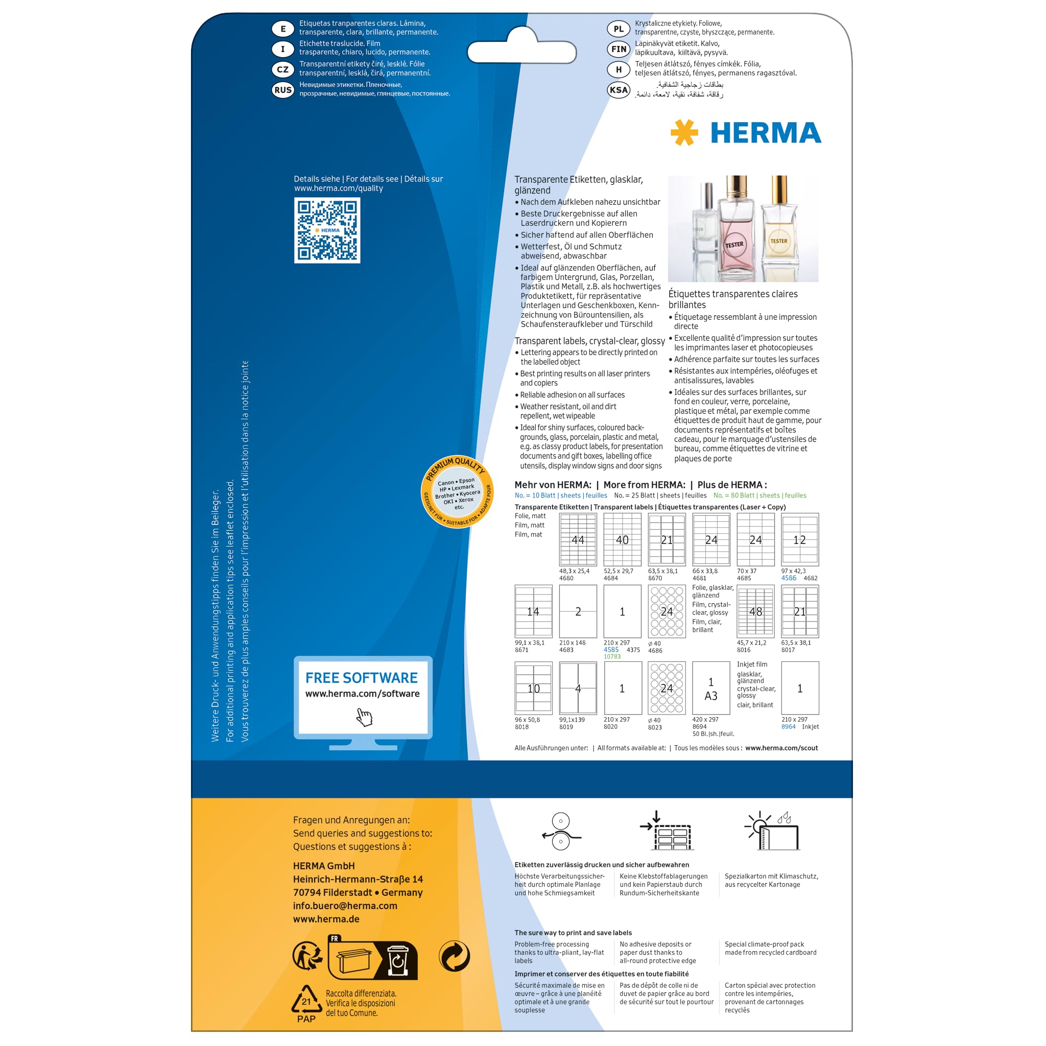 HERMA 8017 - Etichette autoadesive in formato DIN A4, trasparenti, set da 32 (63,5 x 38,1 mm, 800 fogli, pellicola in poliestere lucida), autoadesive, stampabili, adesivi permanenti, 16800