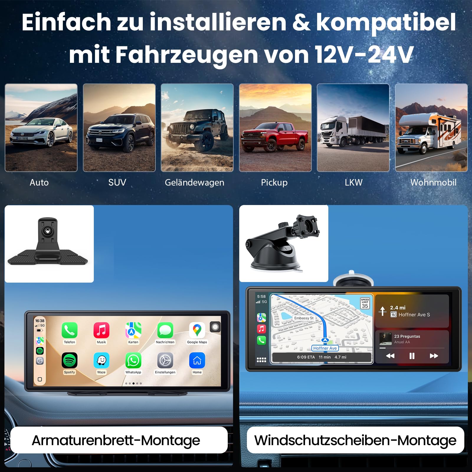 CarPlay Bildschirm, Wireless Android Auto Display mit Touchscreen, GPS Navigation, Bluetooth Freisprecheinrichtung, MirrorLink, Tragbare Multimedia für Auto PKW LKW Womo (9,26 Zoll mit Rückfahrkamera)