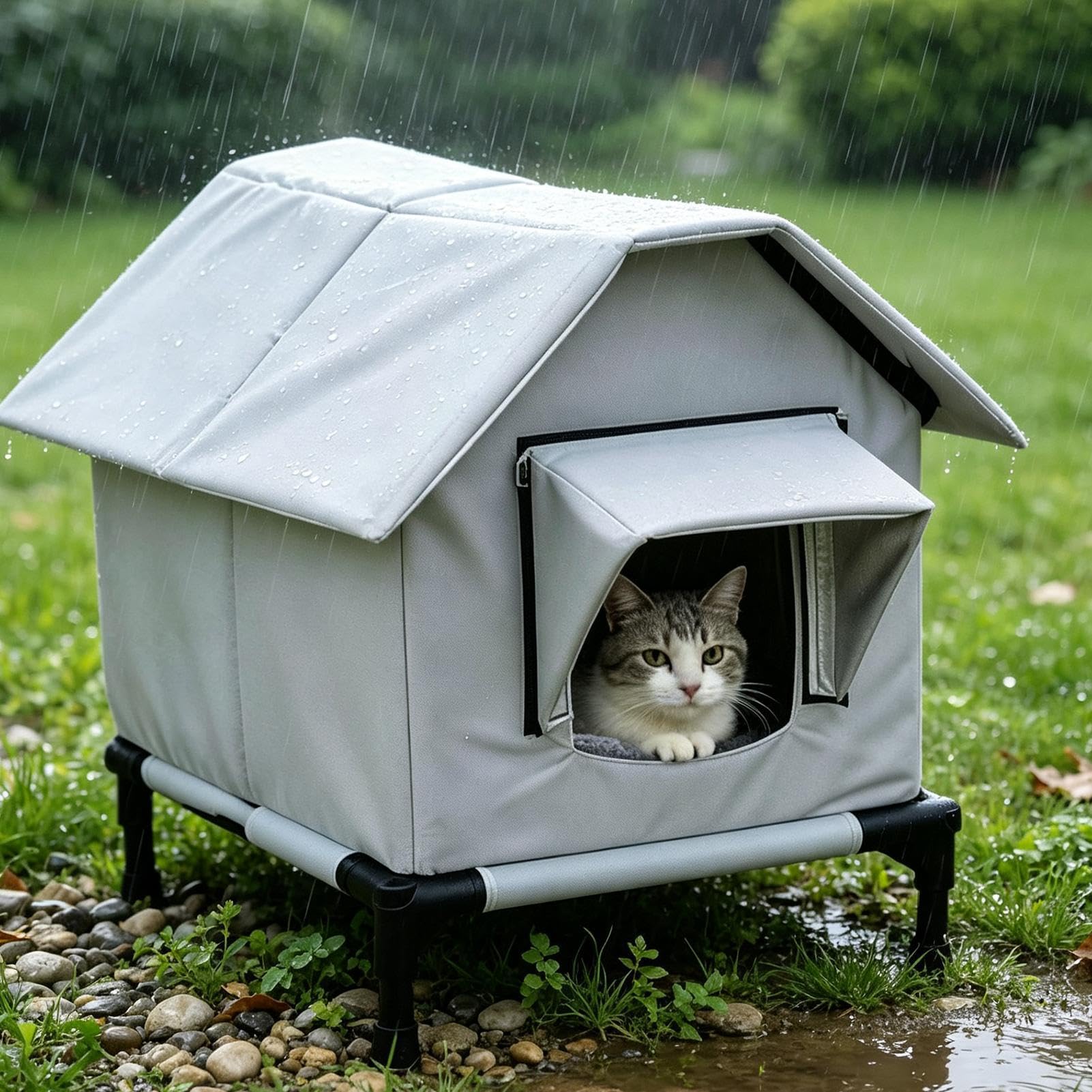 Zewnętrzny Domek Dla Kota Podwyższone Podwójne Drzwi Z Okapem | Zimowy Domek Zewnętrzny Do stodoły, na taras, ogród, dziedziniec, balkon, dla małych psów, szczeniąt, ąt