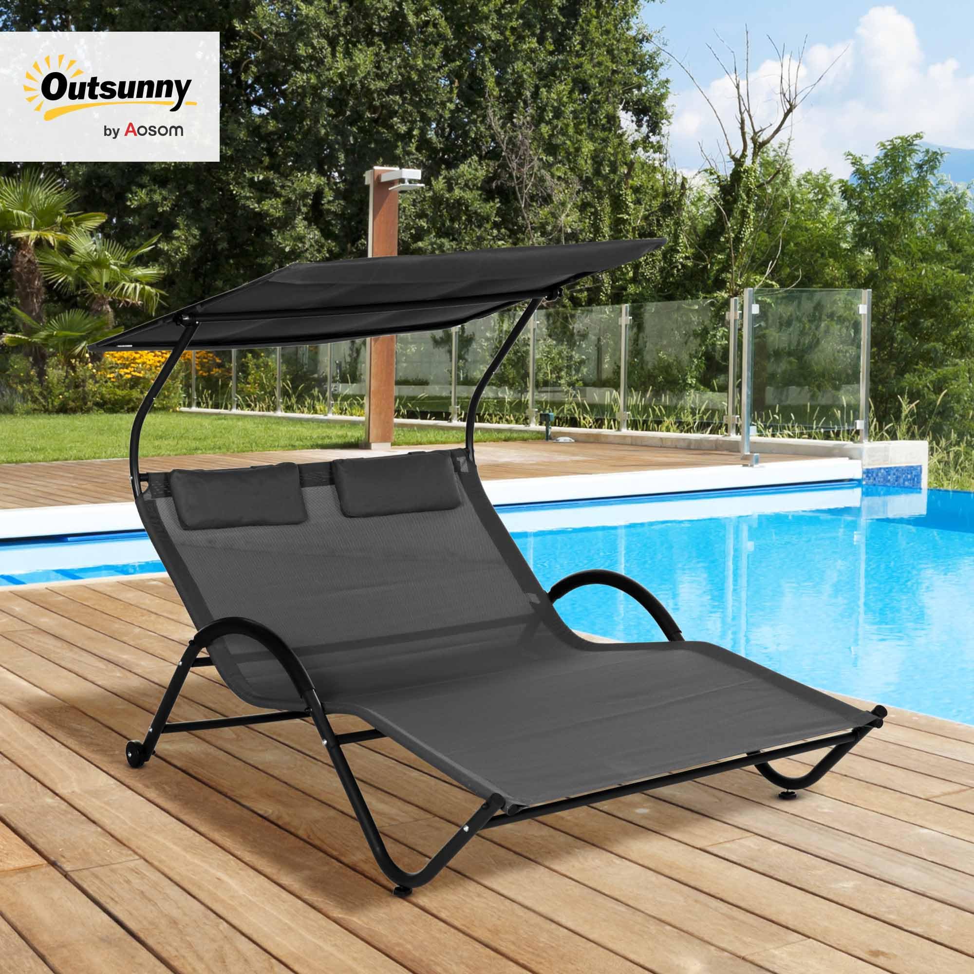 Outsunny Bain de Soleil 2 Places transat avec Toit réglable Appui-têtes et roulettes en Acier et Polyester dim. 200L x 137l x 138H cm Gris foncé
