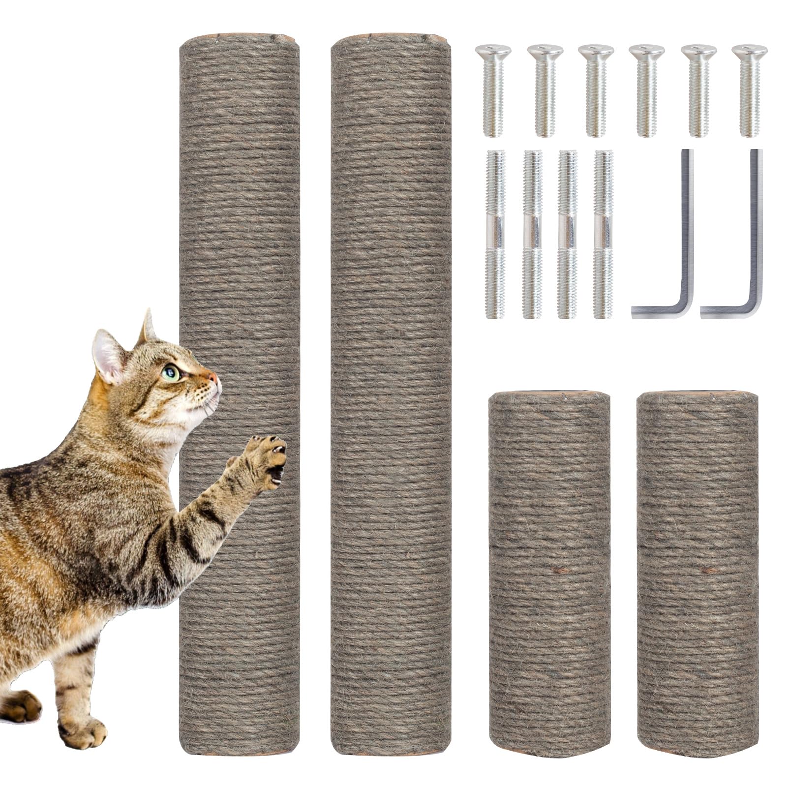 PowerKing Natural Sisal Replacement Scratching Post, 4 Pieces M8 Cat Scratch Post Refill Pole Parts for Refurbishment, White, Include Screws (Grey-