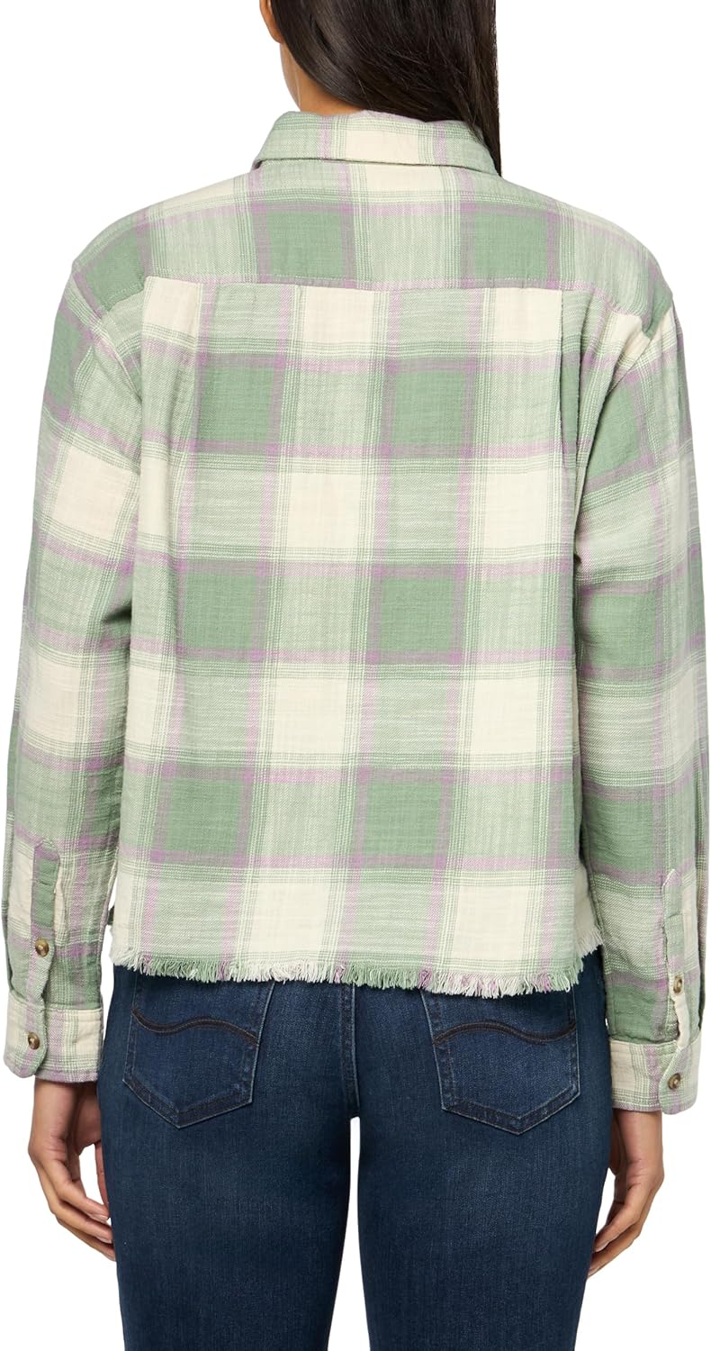 Lucky Brand Womens Raw Edge Flannel Cropped Button Down Shirt - Image 2