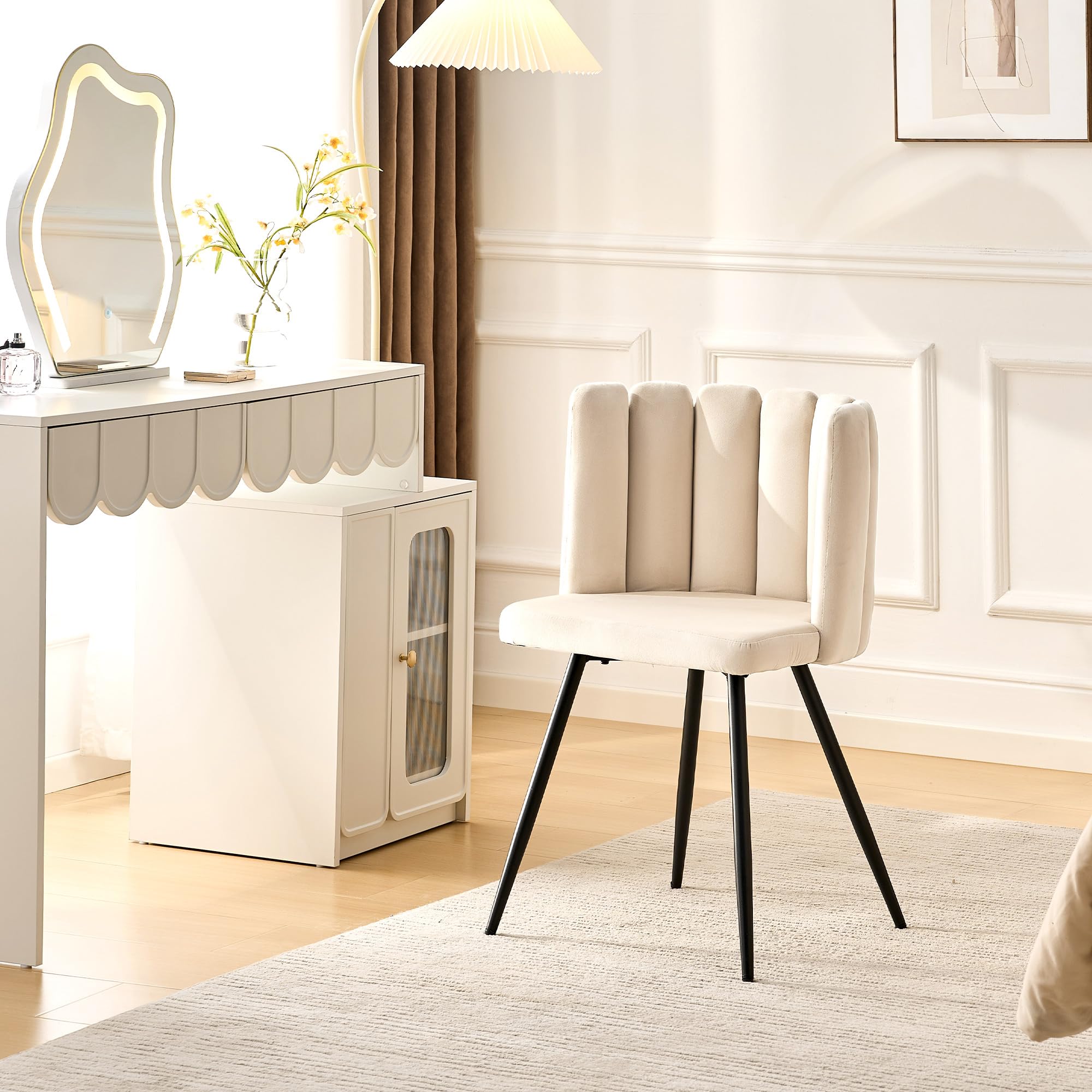 CLIPOP Velvet Dressing Table Chair with Padded Back and Metal Legs, Cream Makeup Vanity Chair for Bedroom Living Room Kitchen Dining Room