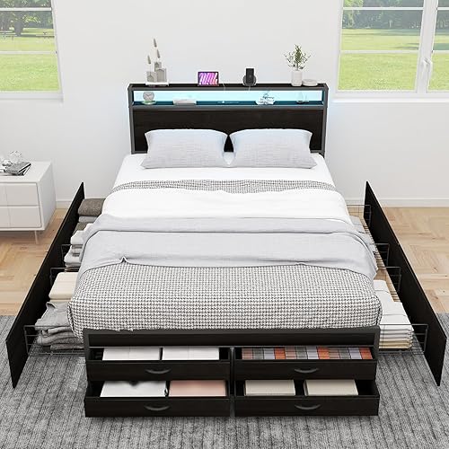 Miniatura 4 de Base de cama matrimonial con cabecero, base de cama de almacenamiento de tamaño matrimonial con 8 cajones, puertos de carga y salidas integrados,
