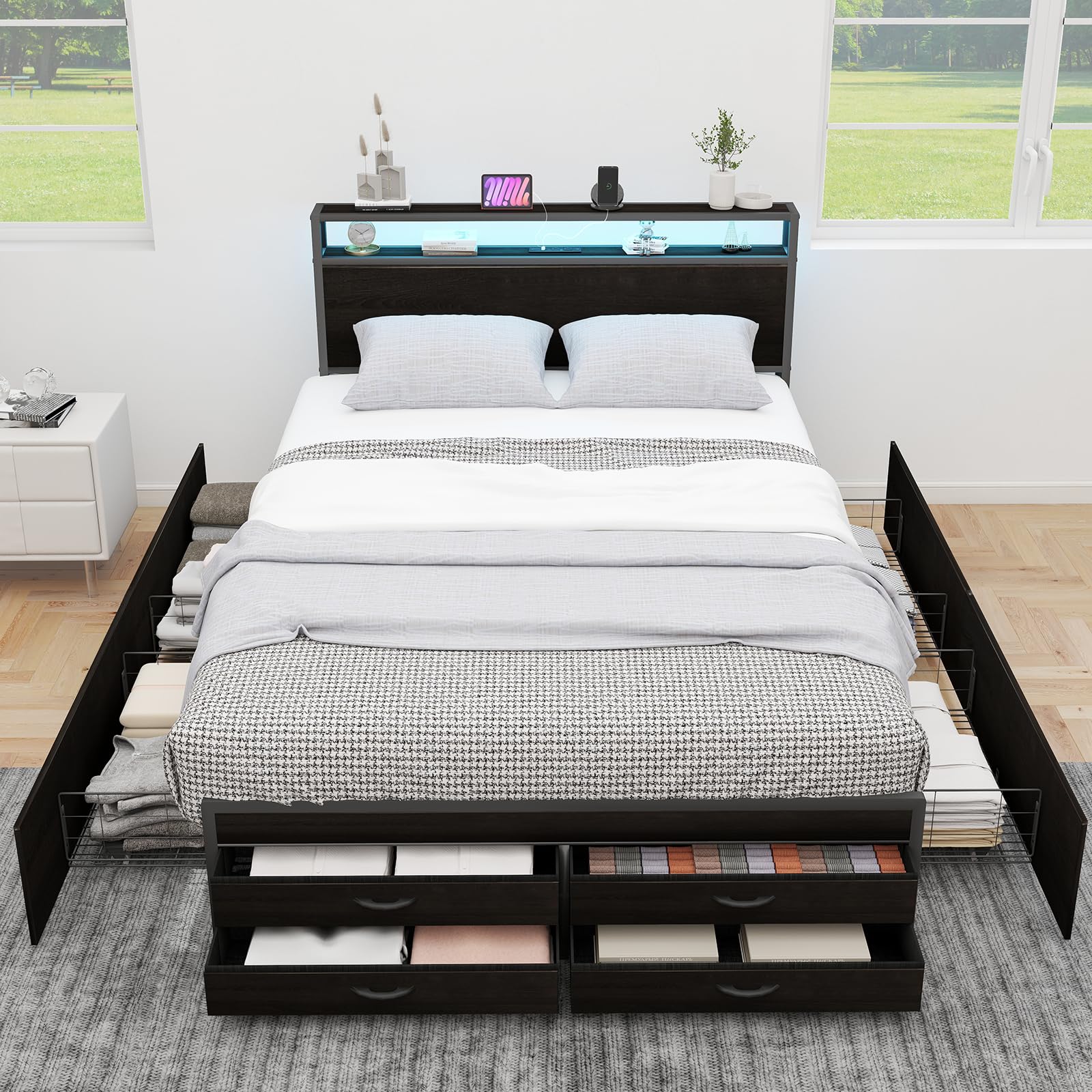 Full Bed Frame with 8 Storage Drawers, Full Metal Bed Frame with LED Light and Charging Station, Heavy Duty Metal Slats, No Box Spring Needed, Black