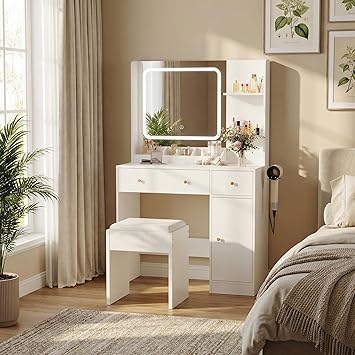 Vanity Desk with Mirror and Lights, Makeup Vanity Table Set with Power Hub, 3 Lighting Modes & Adjustable Brightness, Drawers & Storage Shelves, Dressing Table for Bedroom