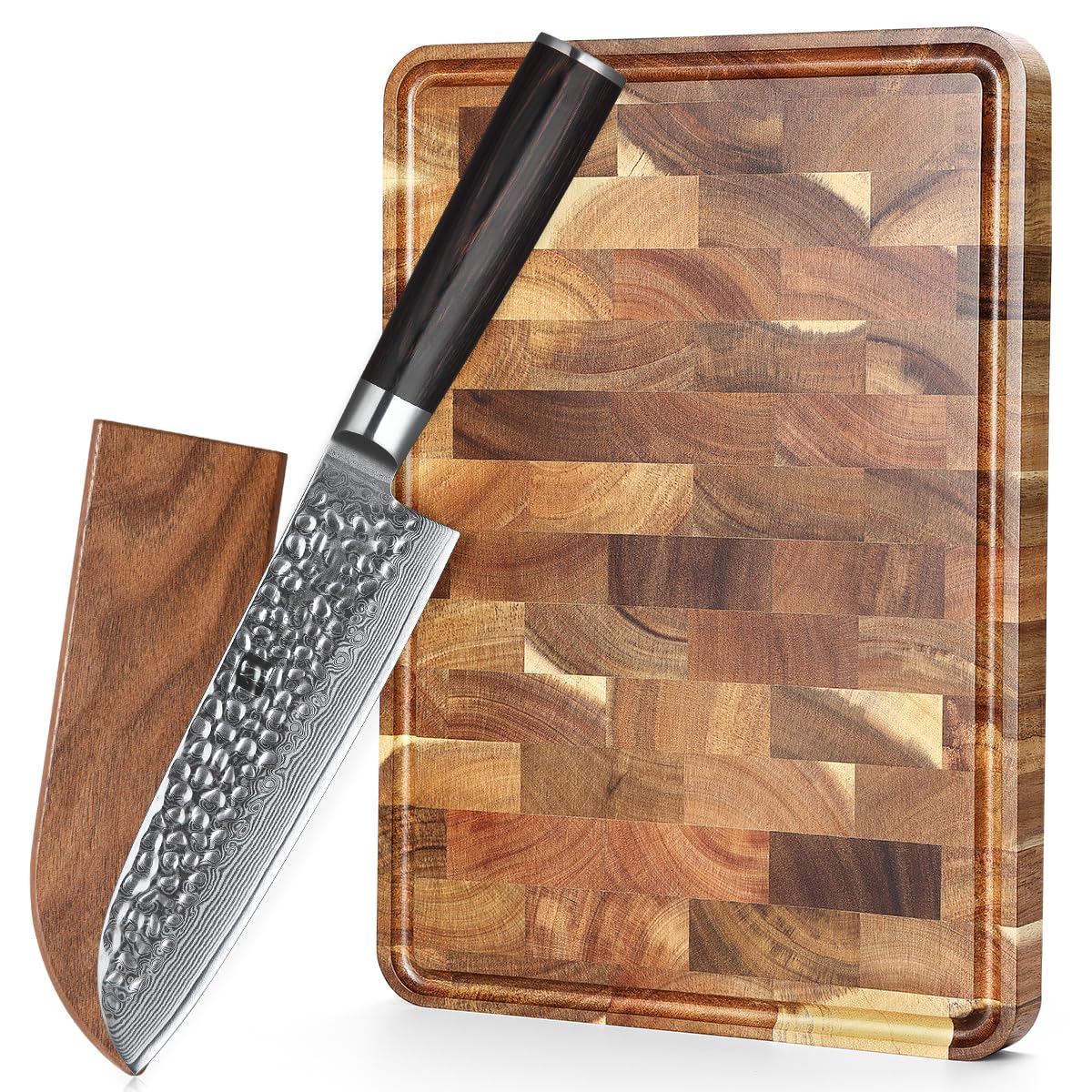 XINZUO 17,6cm Damaststahl Santokumesser Profi Kochmesser,Ergonomischer Griff aus Pakkaholz mit Hirnholz-Schneidebrett Akazienholz(35x25x2.6cm), rutschfesten Füßen, eingebauten Griffen und Saftrille