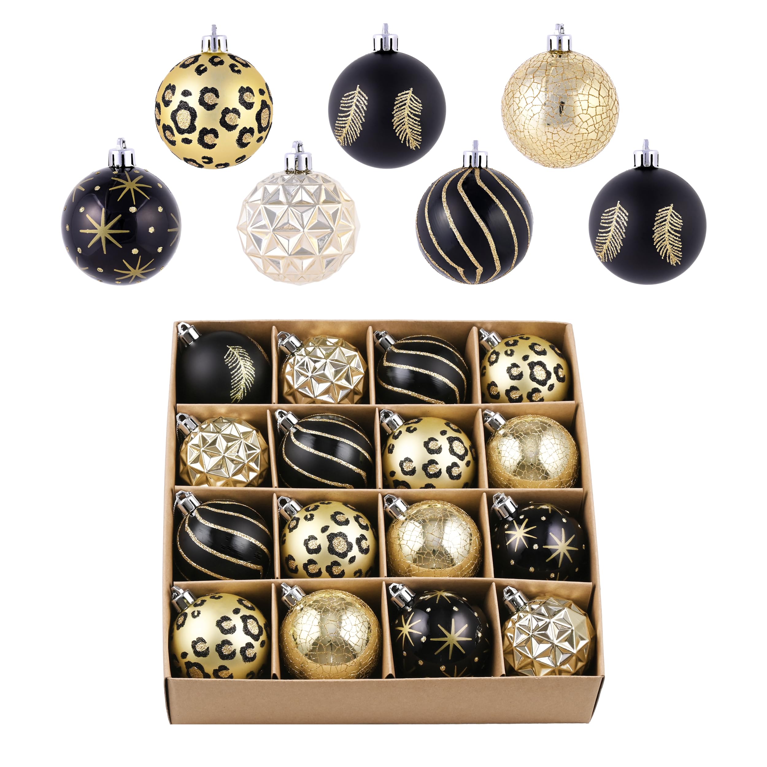 16pcs 6cm Golden Tropical Party Black and Gold Shatterproof Christmas Ball Ornaments for Tree Decor