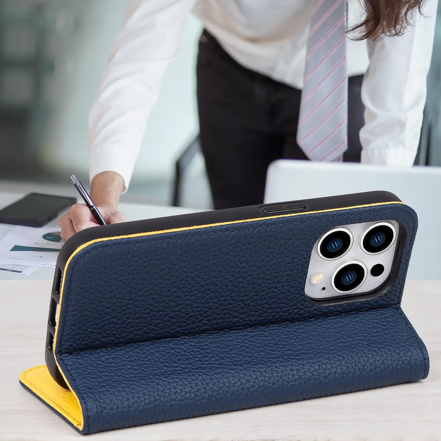 VISOUL Pebbled Genuine Leather Case for iPhone 14 Pro Max Wallet Case with Card Holder Kickstand Magnetic Flip Folio Cover Designed for iPhone 14 Pro Max (6.7")-Blue+Yellow