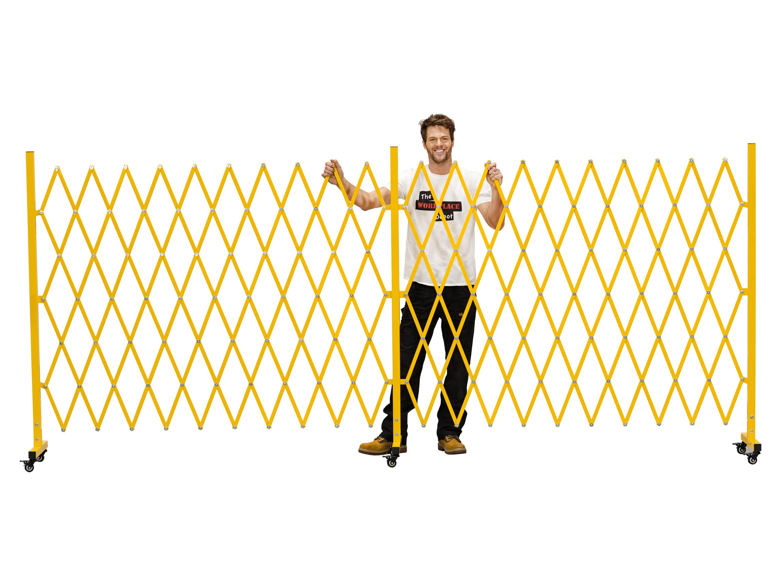 The Workplace Depot Heavy-Duty Safety Barrier – 7.35m Expandable, Steel Build, Braked Wheels, High-Visibility Yellow for Worksites, Warehouses & Events