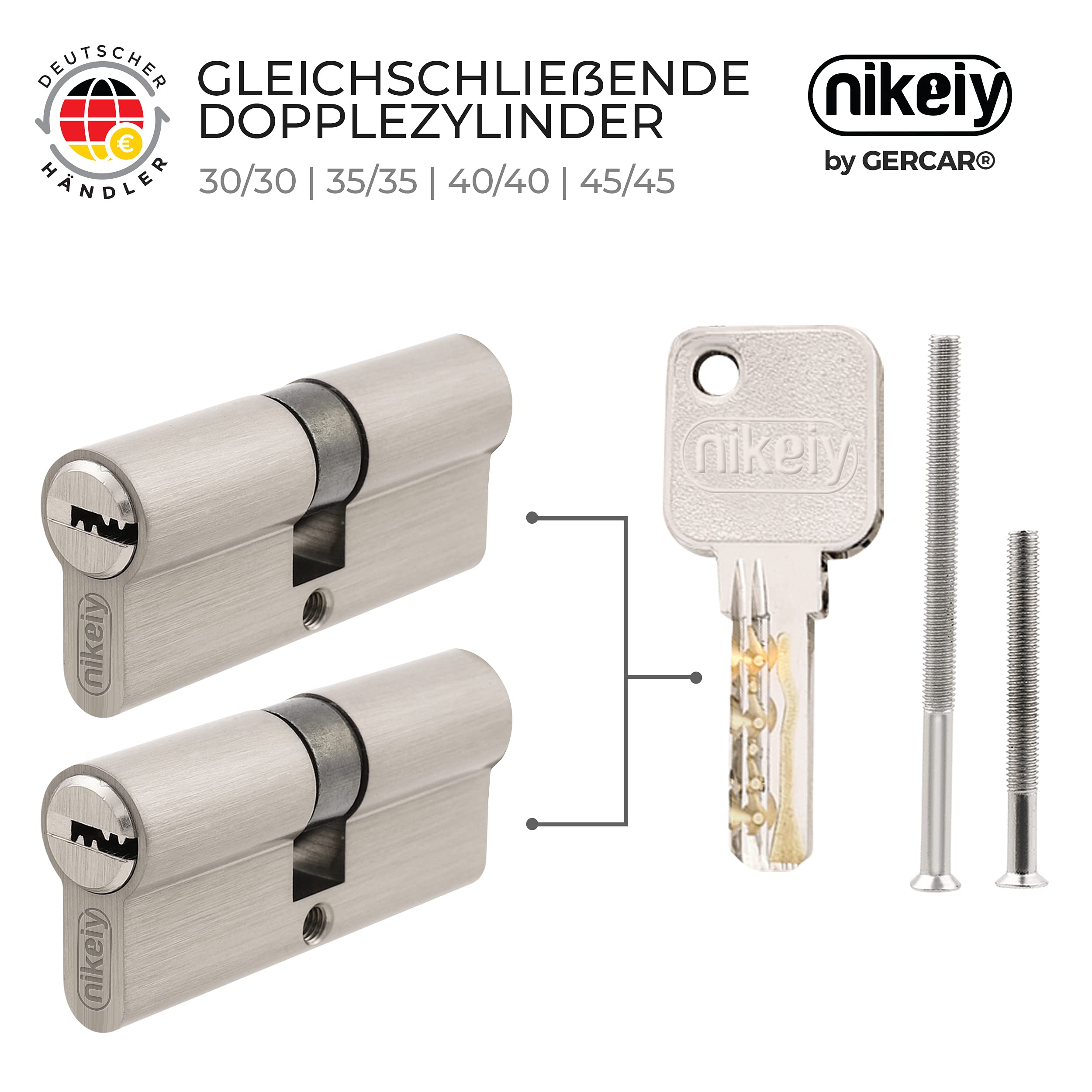 GERCAR Pro Juego de 2 cerraduras cilíndricas de latón niquelado mate 40/40-2x cilindro de cerradura/cerradura de barril 80 mm para puerta - con 10 llaves - Longitud: 80 mm, A: 40 B: 40