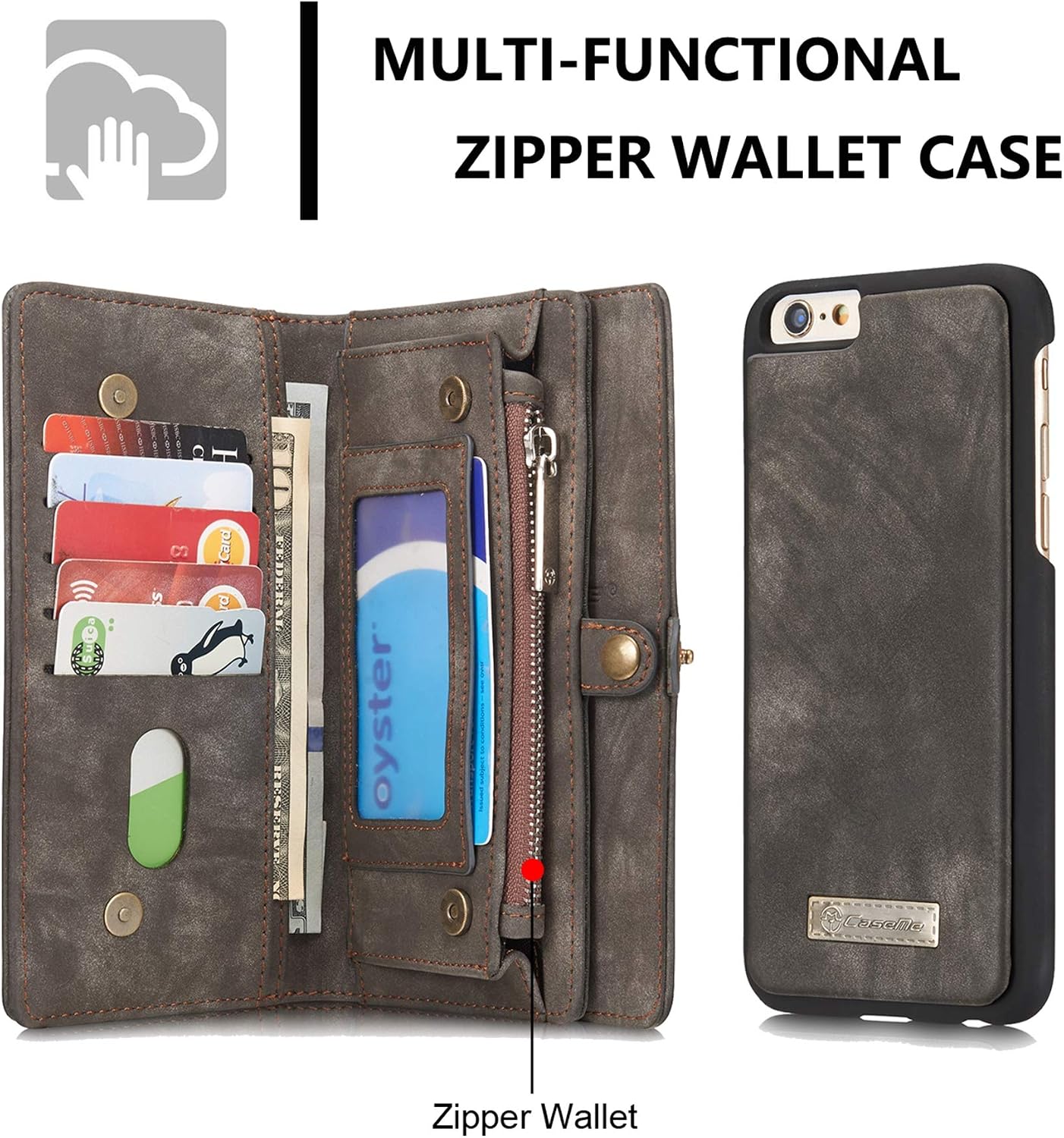 Hynice iPhone 6 Plus iPhone 6S Plus Detachable Wallet Case, Leather Purse for Women with Card Slots Zipper Pocket Removable Shockproof Shell Cover for iPhone 6 Plus 6S Plus 5.5(Black008)